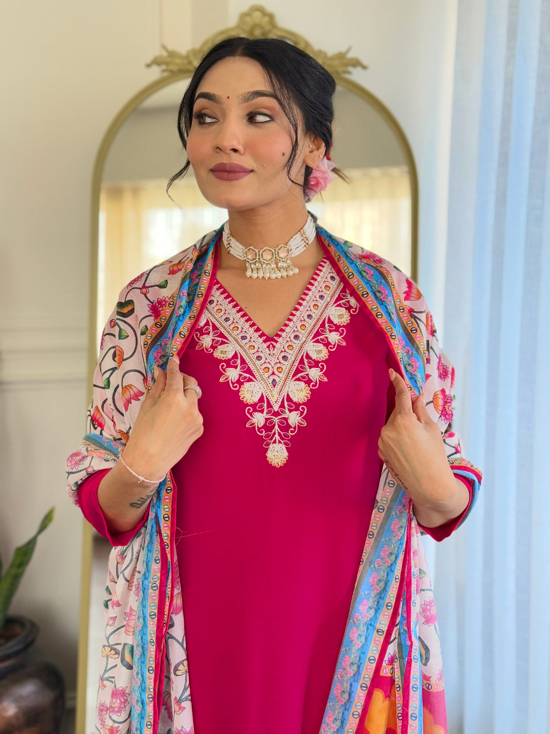 Red Rayon Elegant Kurta Pant Set With Thread Work