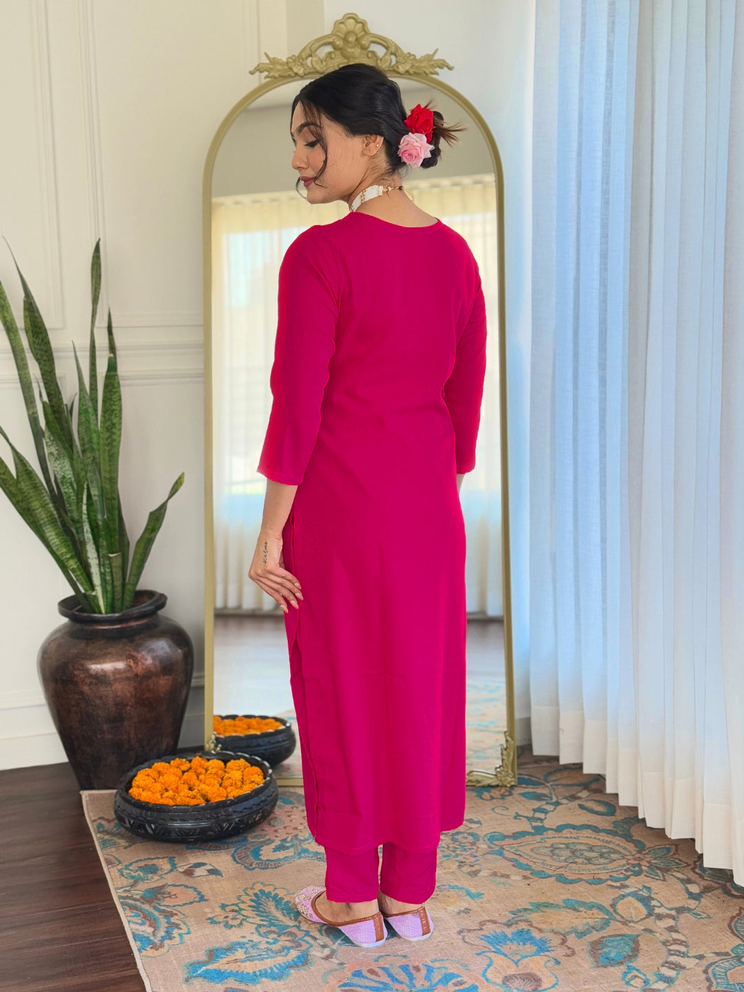 Red Rayon Elegant Kurta Pant Set With Thread Work