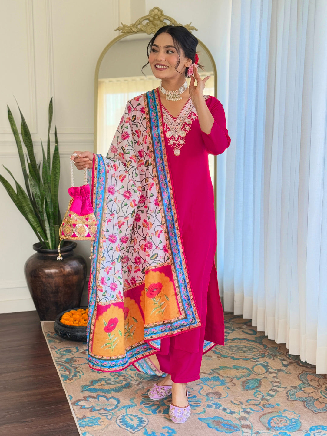 Red Rayon Elegant Kurta Pant Set With Thread Work