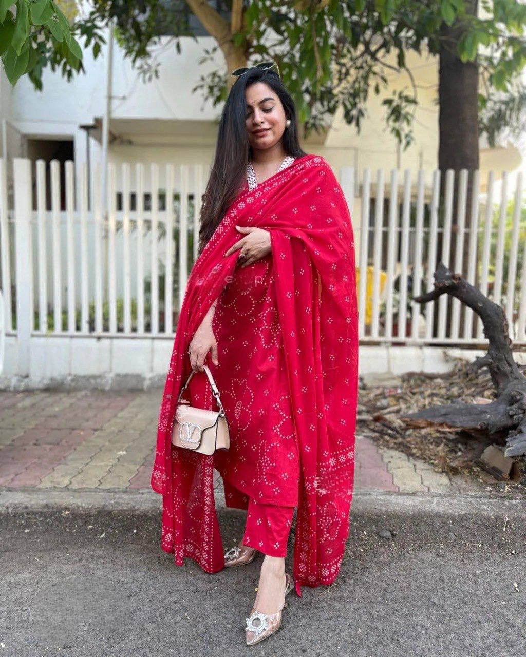 Red Rayon Kurta Pant Set  Printed