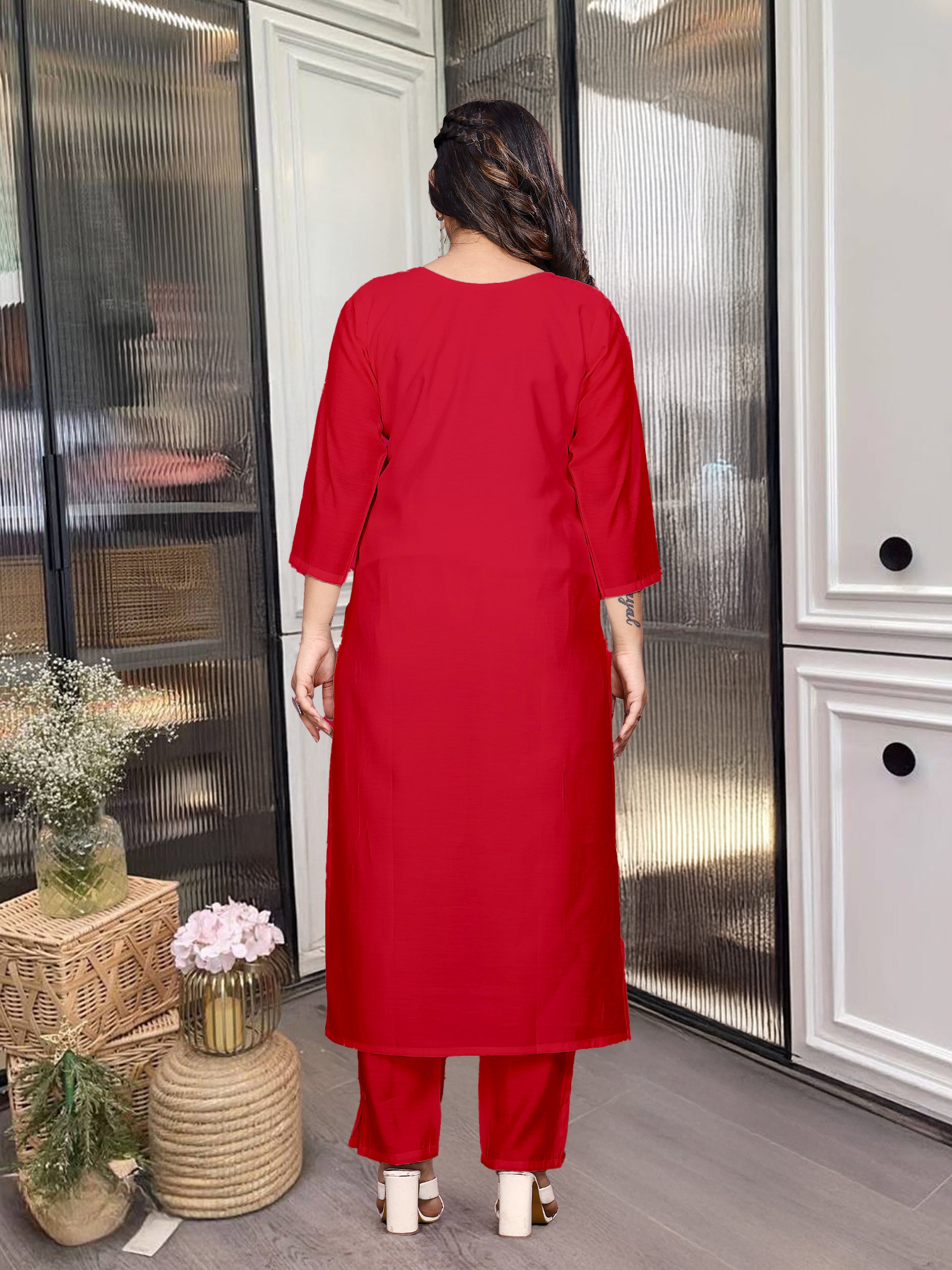 Red Rayon Kurta Pant with Heavy Thread Embroidery Work