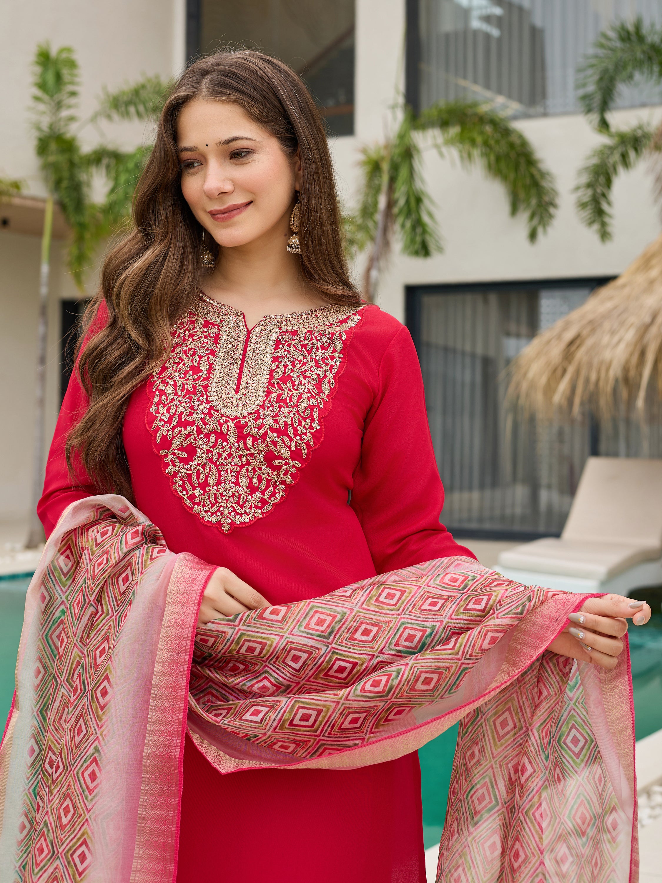 Red Rayon Slub Elegant Kurta Pant Set With Embroidery Work