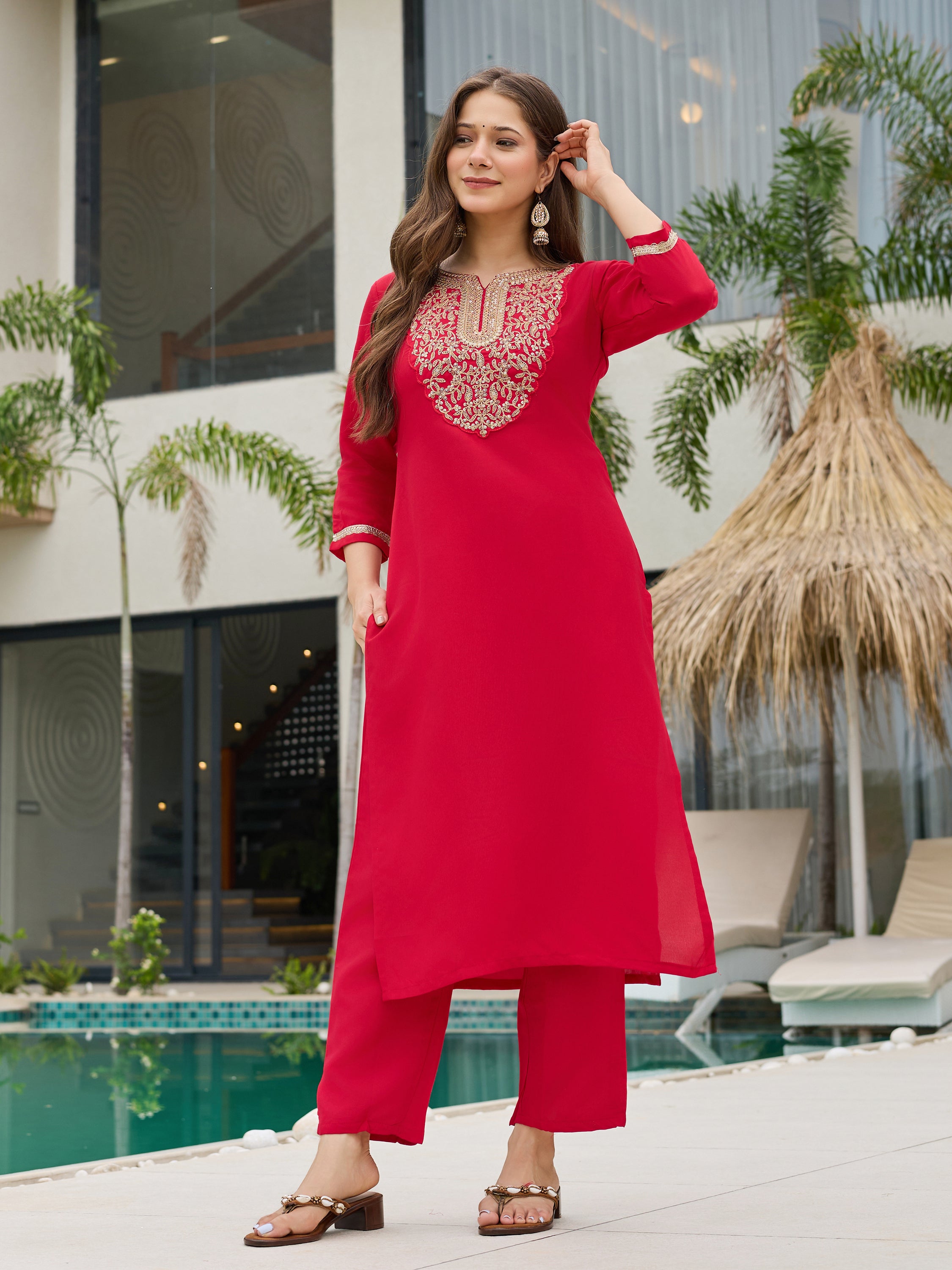 Red Rayon Slub Elegant Kurta Pant Set With Embroidery Work