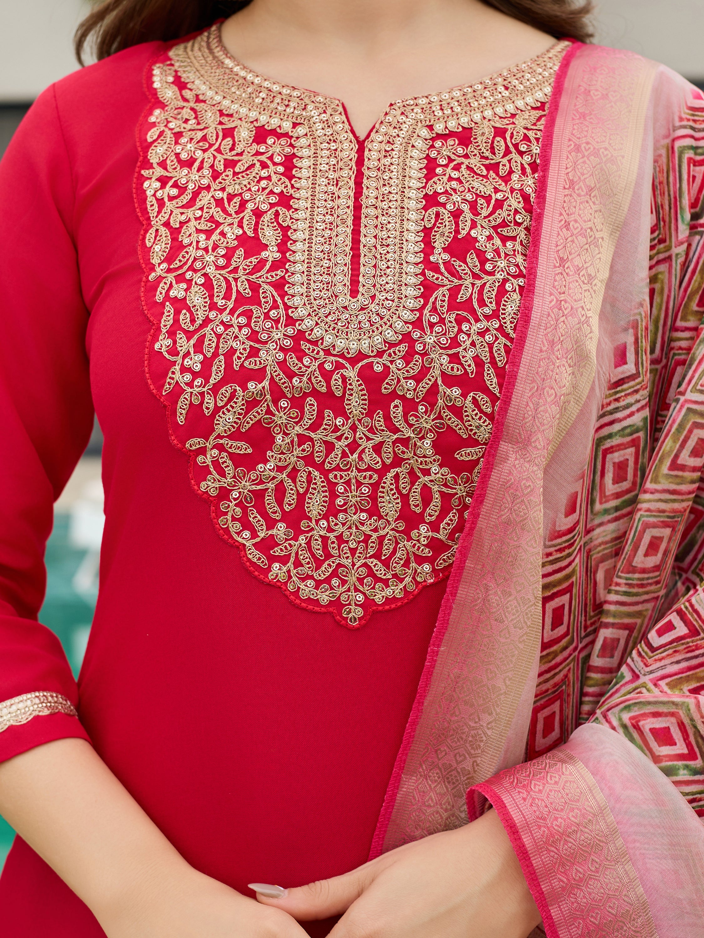 Red Rayon Slub Elegant Kurta Pant Set With Embroidery Work