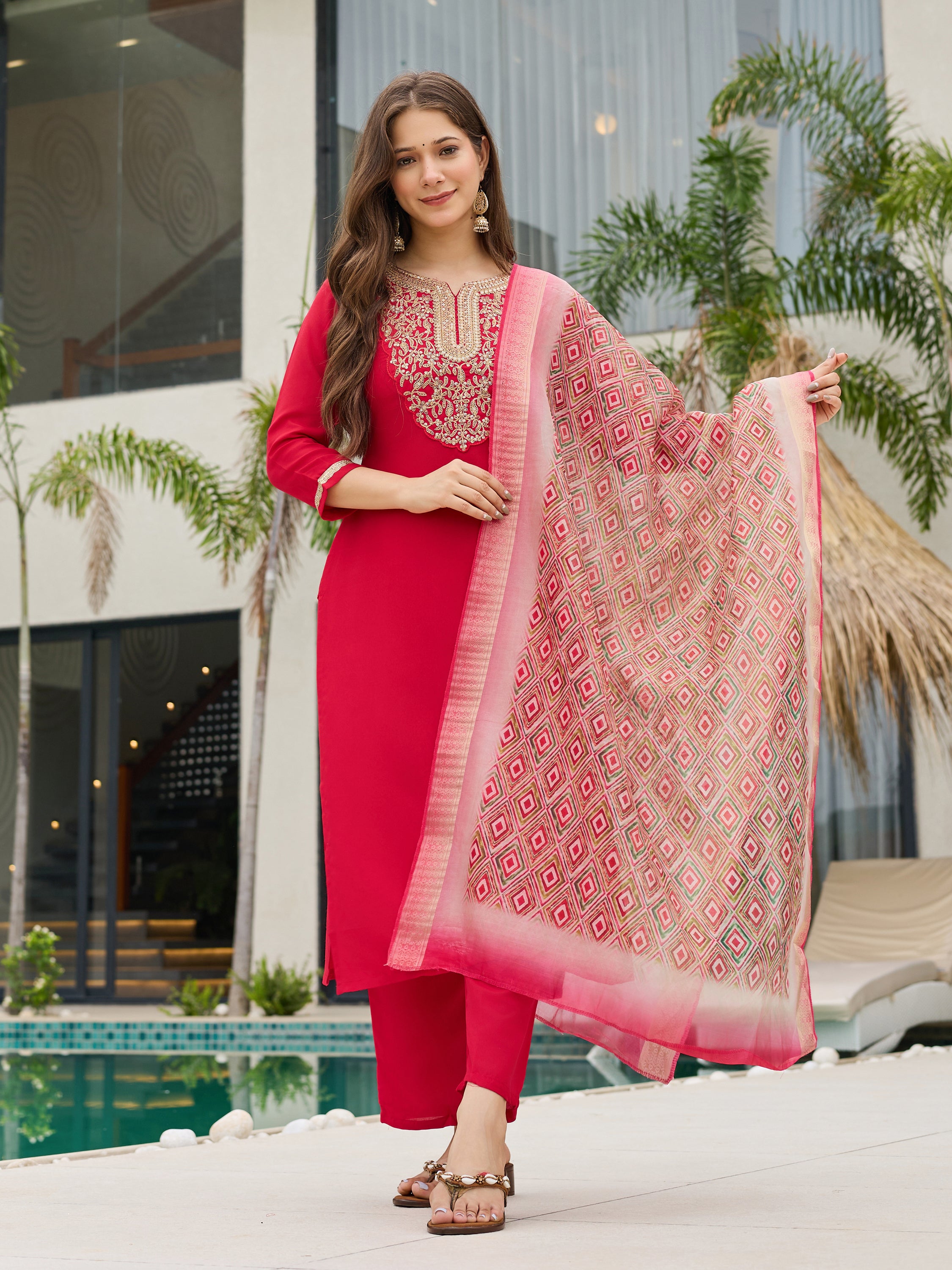 Red Rayon Slub Elegant Kurta Pant Set With Embroidery Work