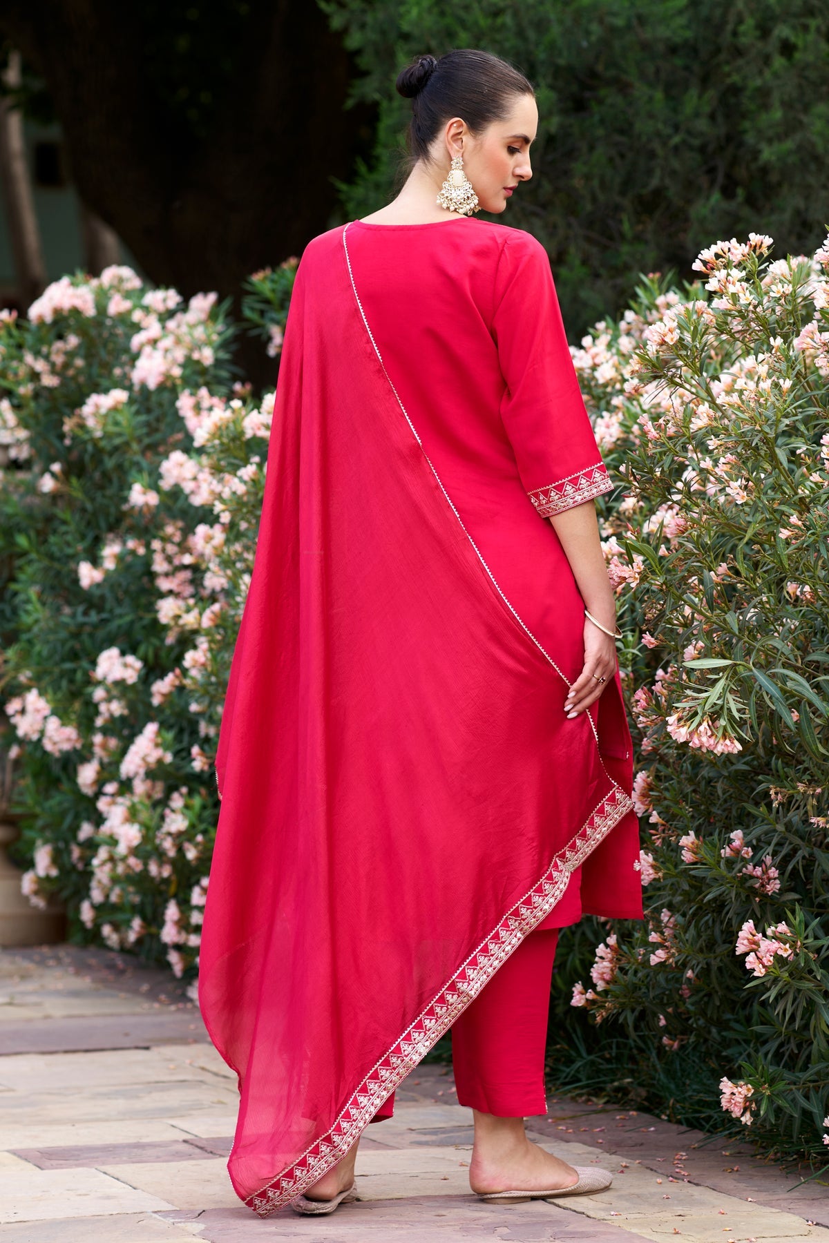 Red Rayon Slub Kurta Pant with Heavy Thread Embroidery Work