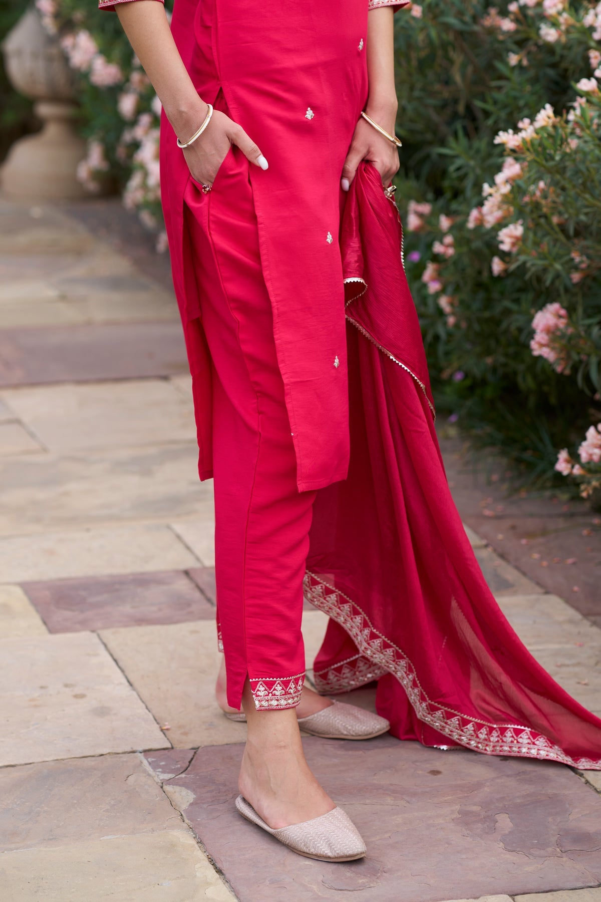 Red Rayon Slub Kurta Pant with Heavy Thread Embroidery Work