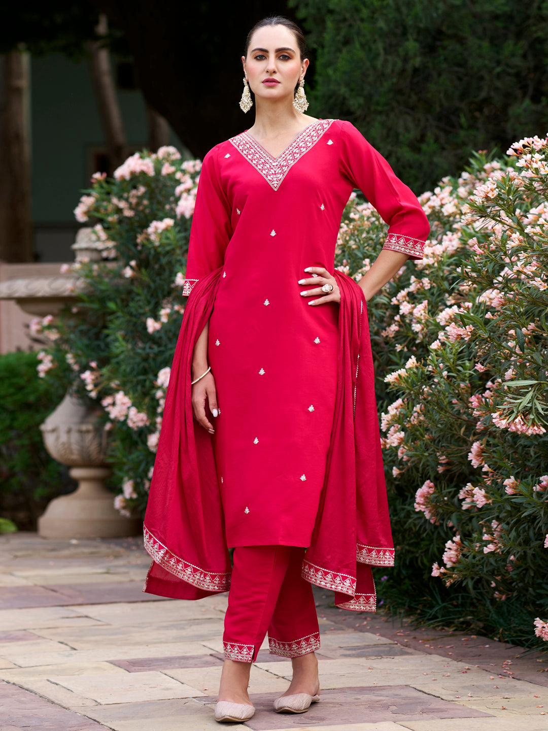 Red Rayon Slub Kurta Pant with Heavy Thread Embroidery Work
