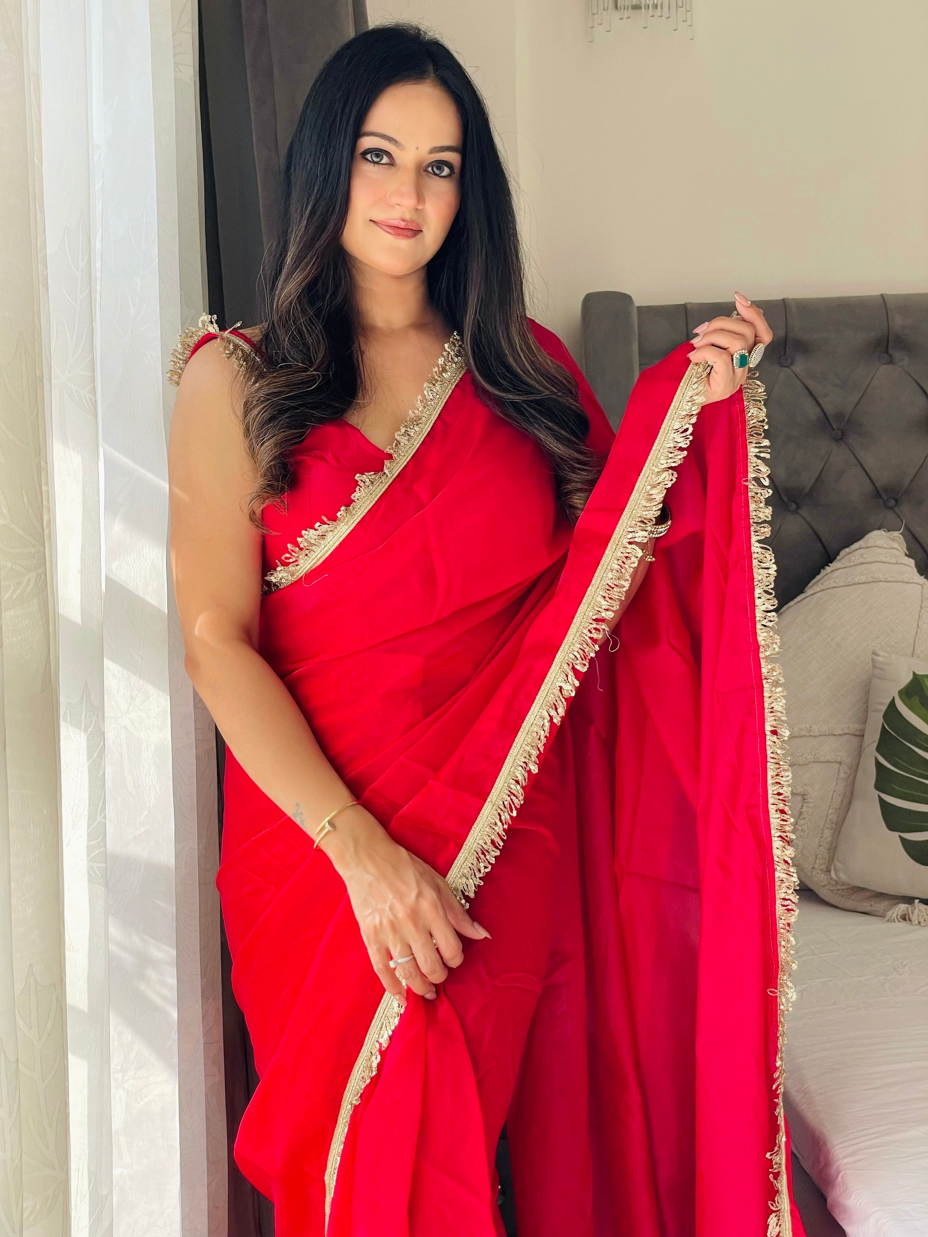 Red Ready To Wear Fendy Satin Saree Designed With Lace Border