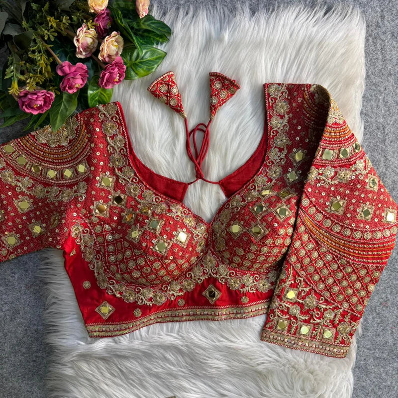 Red Real Mirror Work Long Sleeve Bridal Blouse in Roman Silk with Embroidery & Sequins