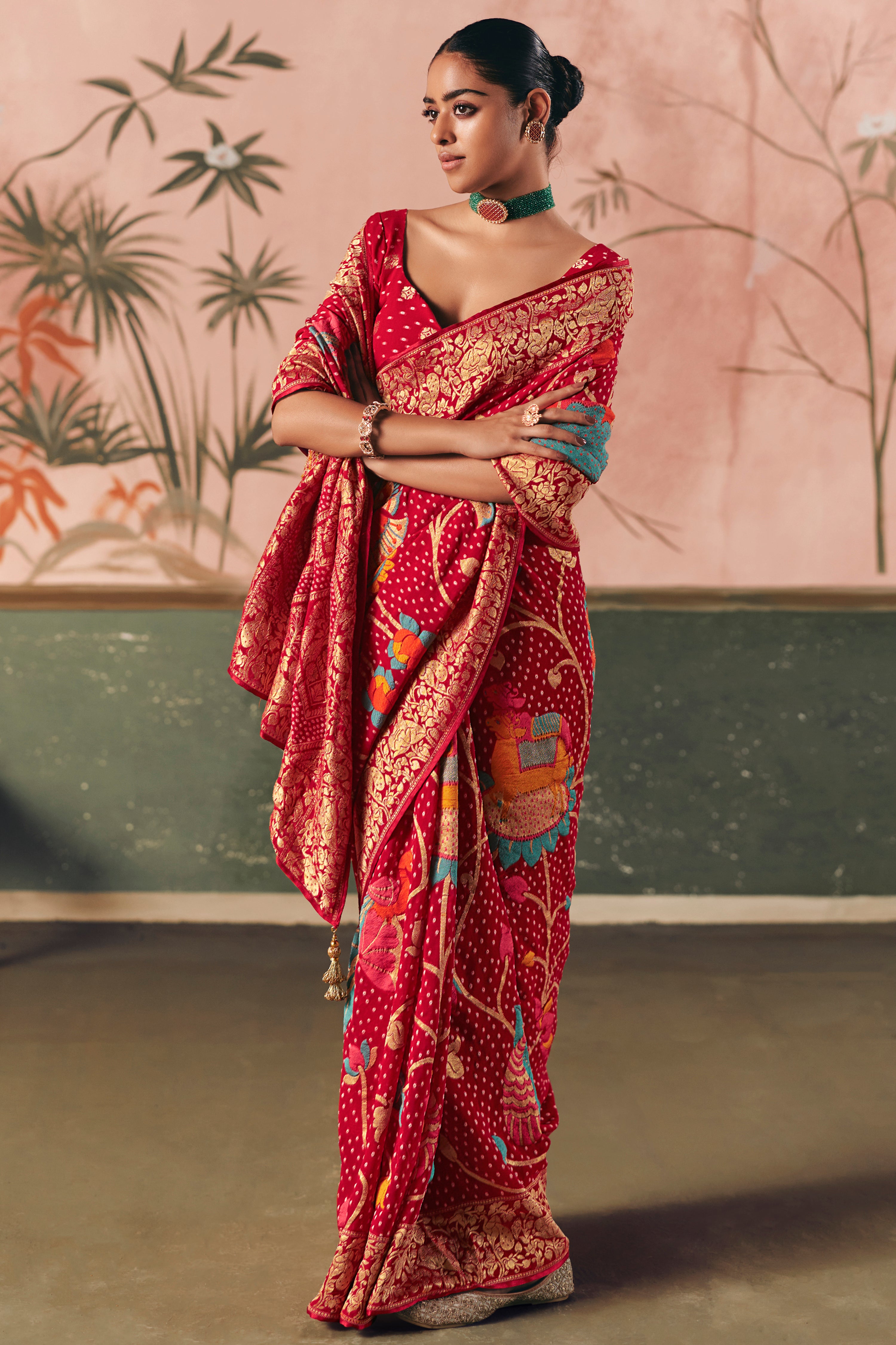 Red Saree With  Designer Bandhej Weaving Work With Beutifull Tassles Attached