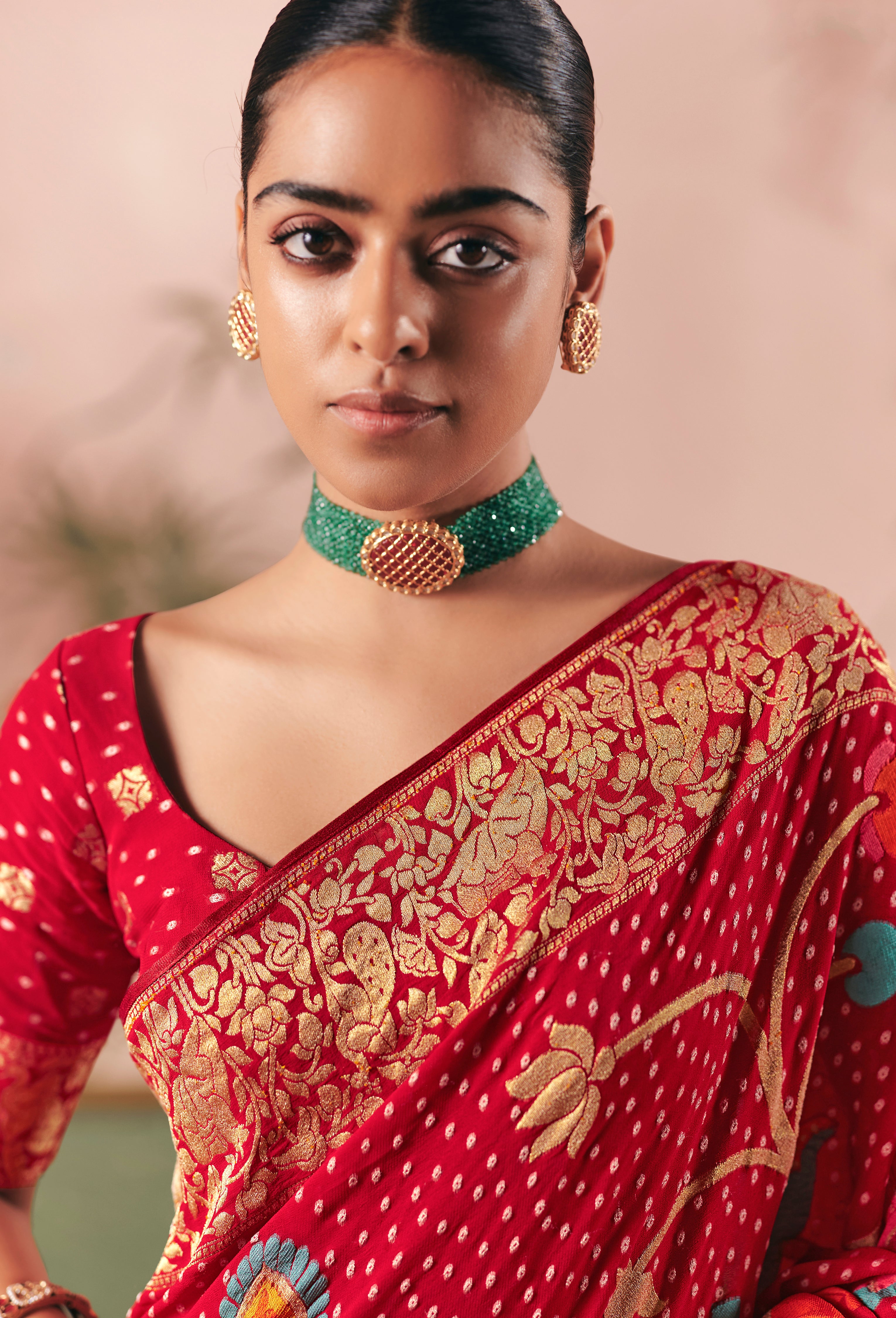 Red Saree With  Designer Bandhej Weaving Work With Beutifull Tassles Attached