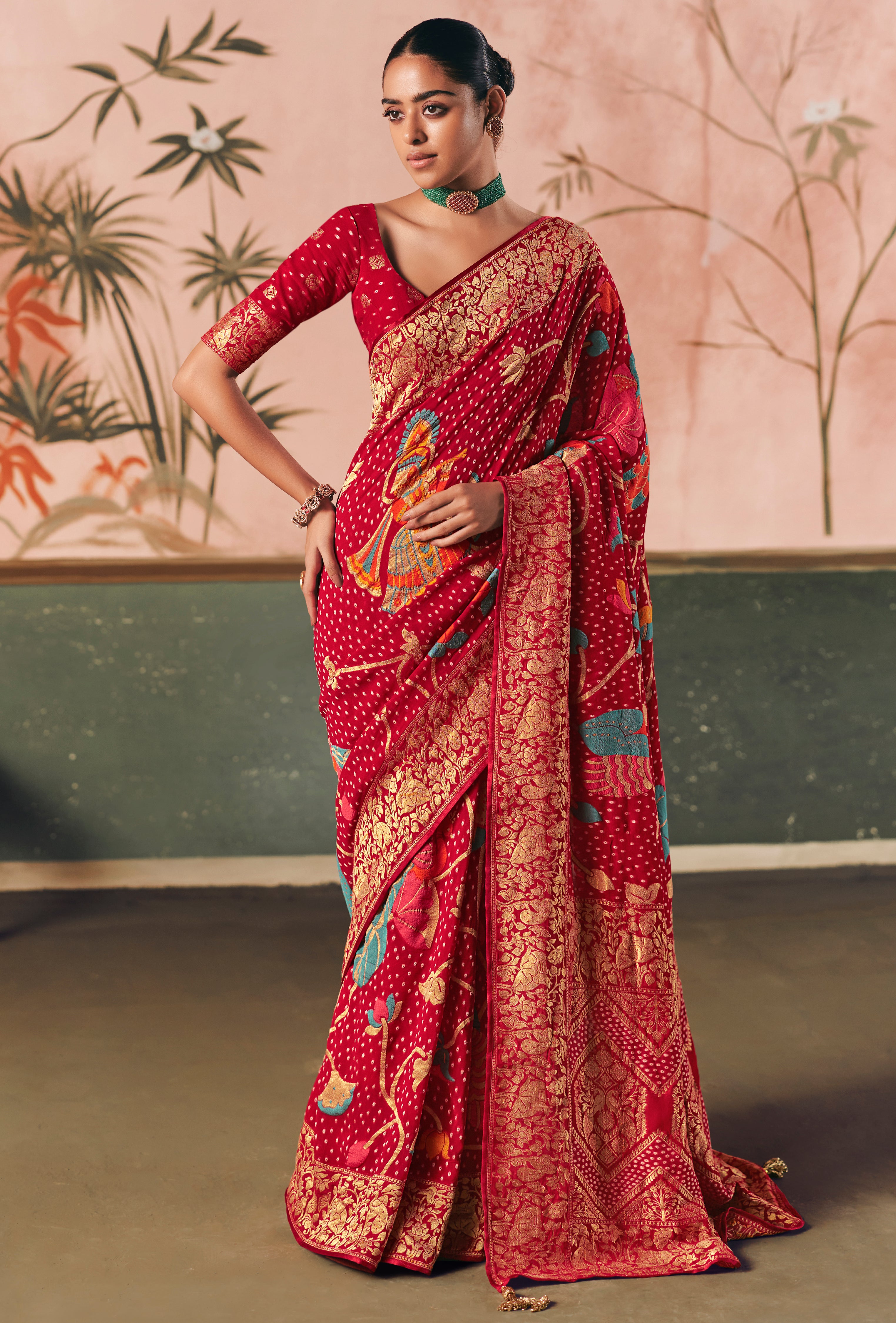 Red Saree With  Designer Bandhej Weaving Work With Beutifull Tassles Attached