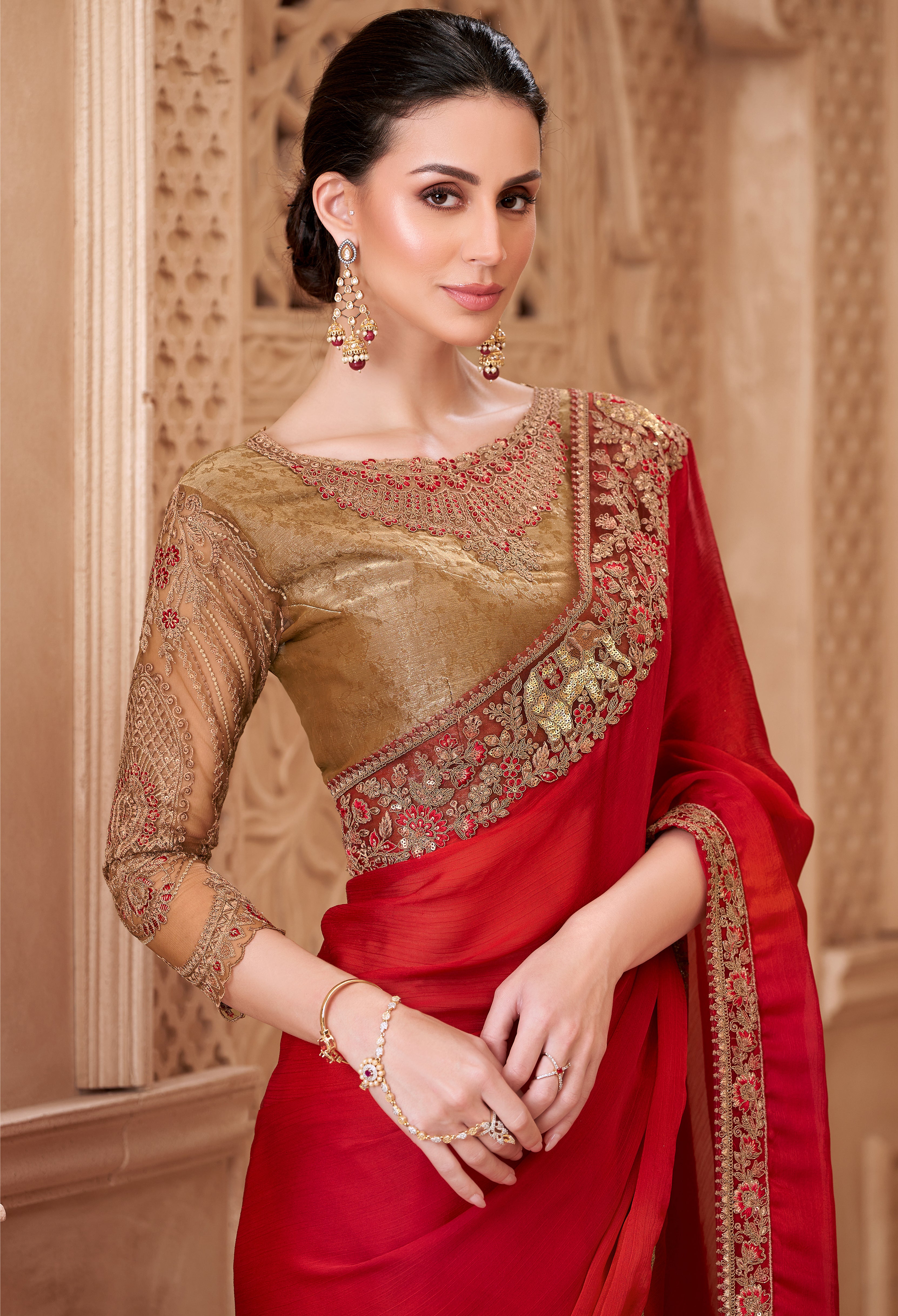 Red Saree With  Heavy Thread Embroidery Sequins Border Work With Embroidery Blouse