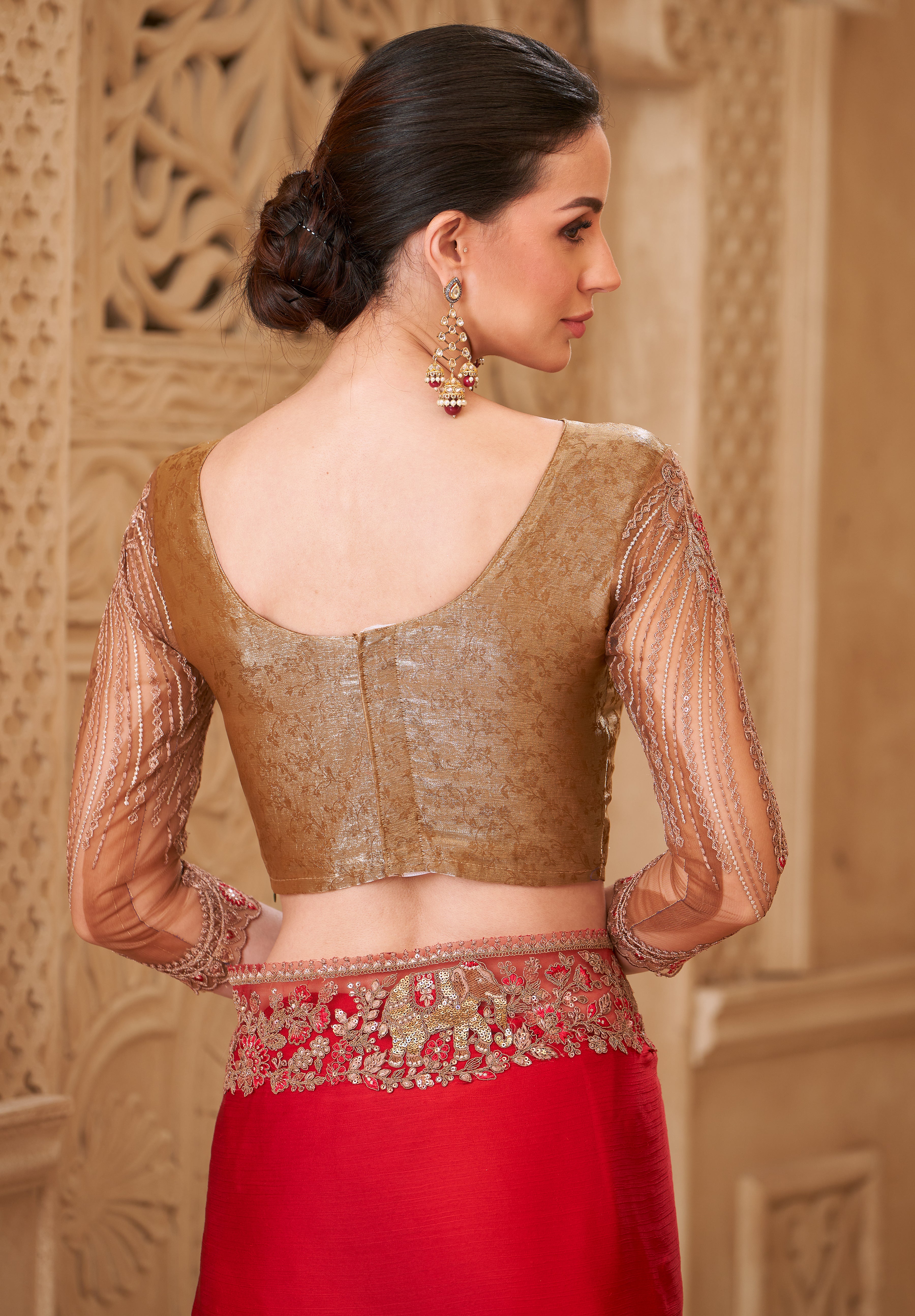 Red Saree With  Heavy Thread Embroidery Sequins Border Work With Embroidery Blouse