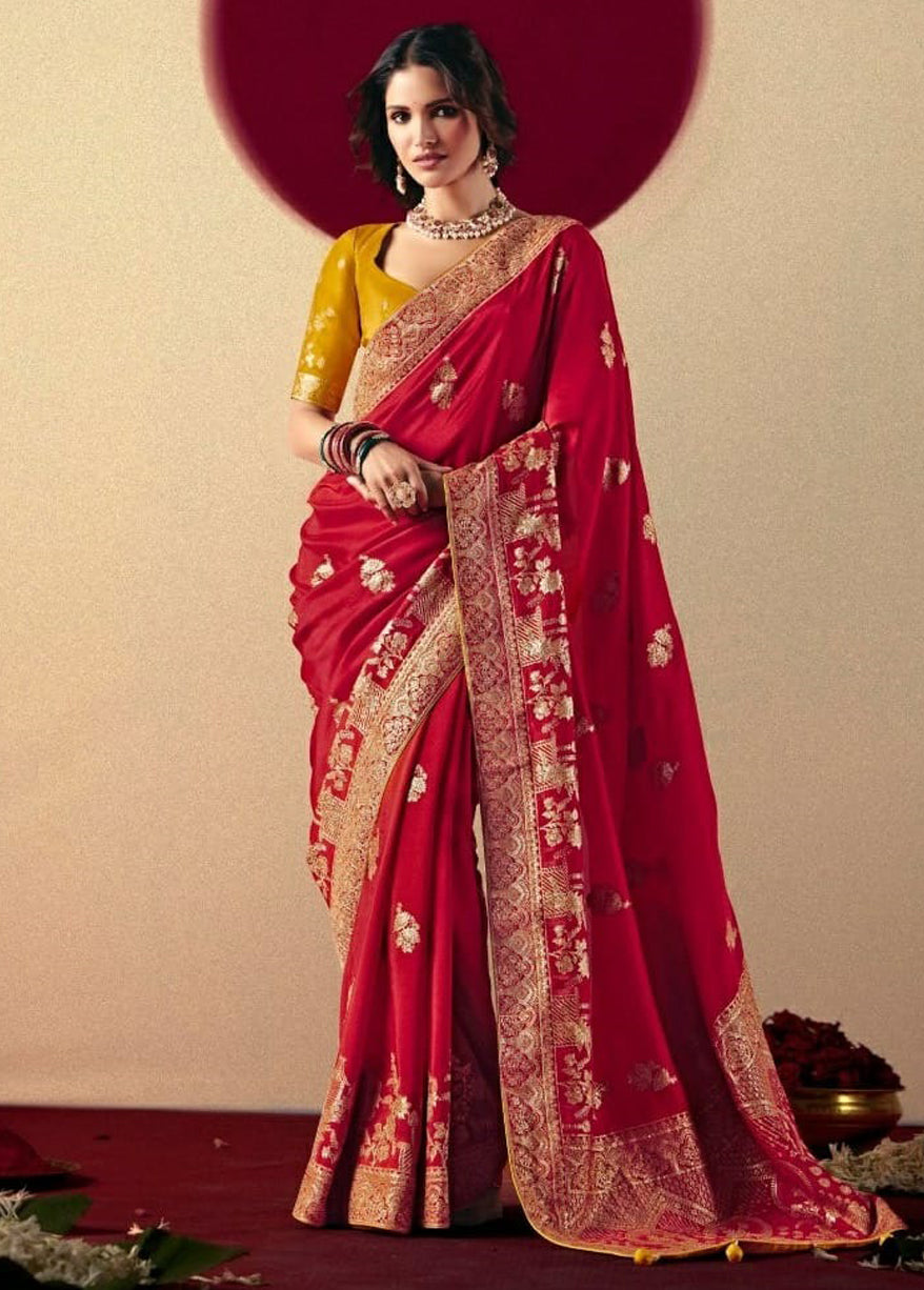 Red Saree With  Jacquard Woven Work