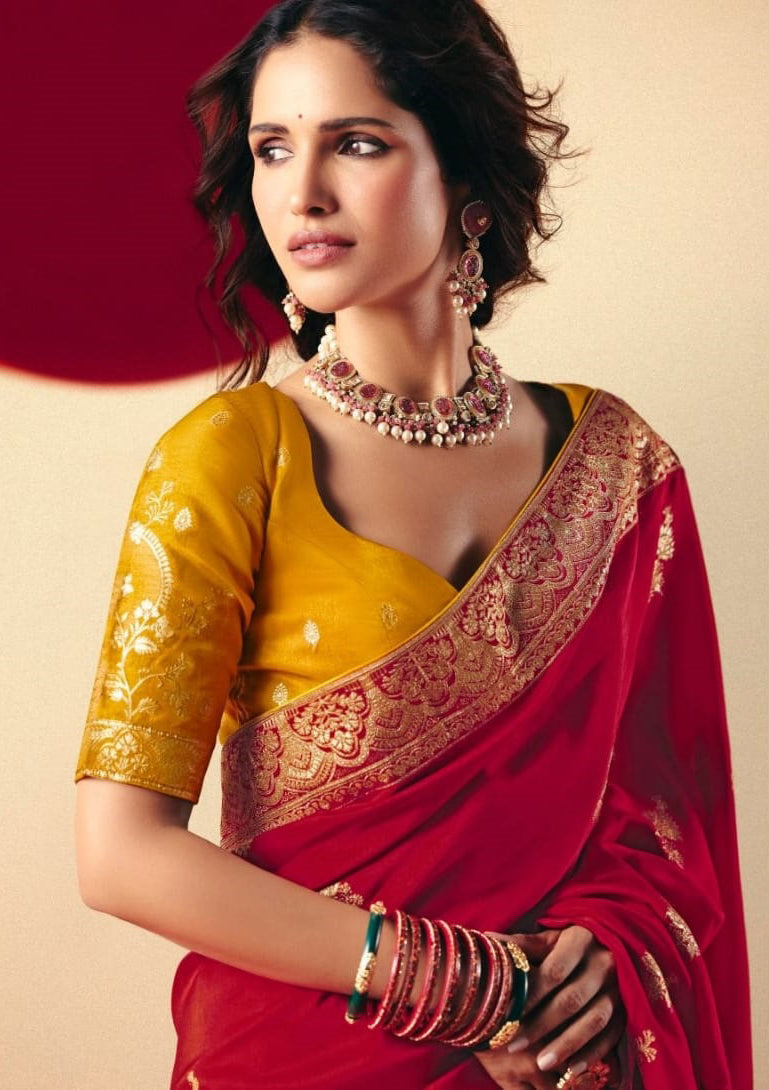 Red Saree With  Jacquard Woven Work