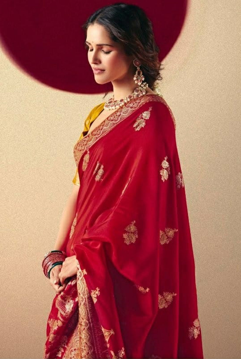 Red Saree With  Jacquard Woven Work