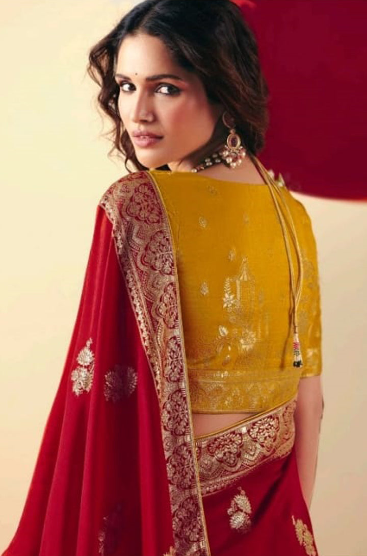 Red Saree With  Jacquard Woven Work