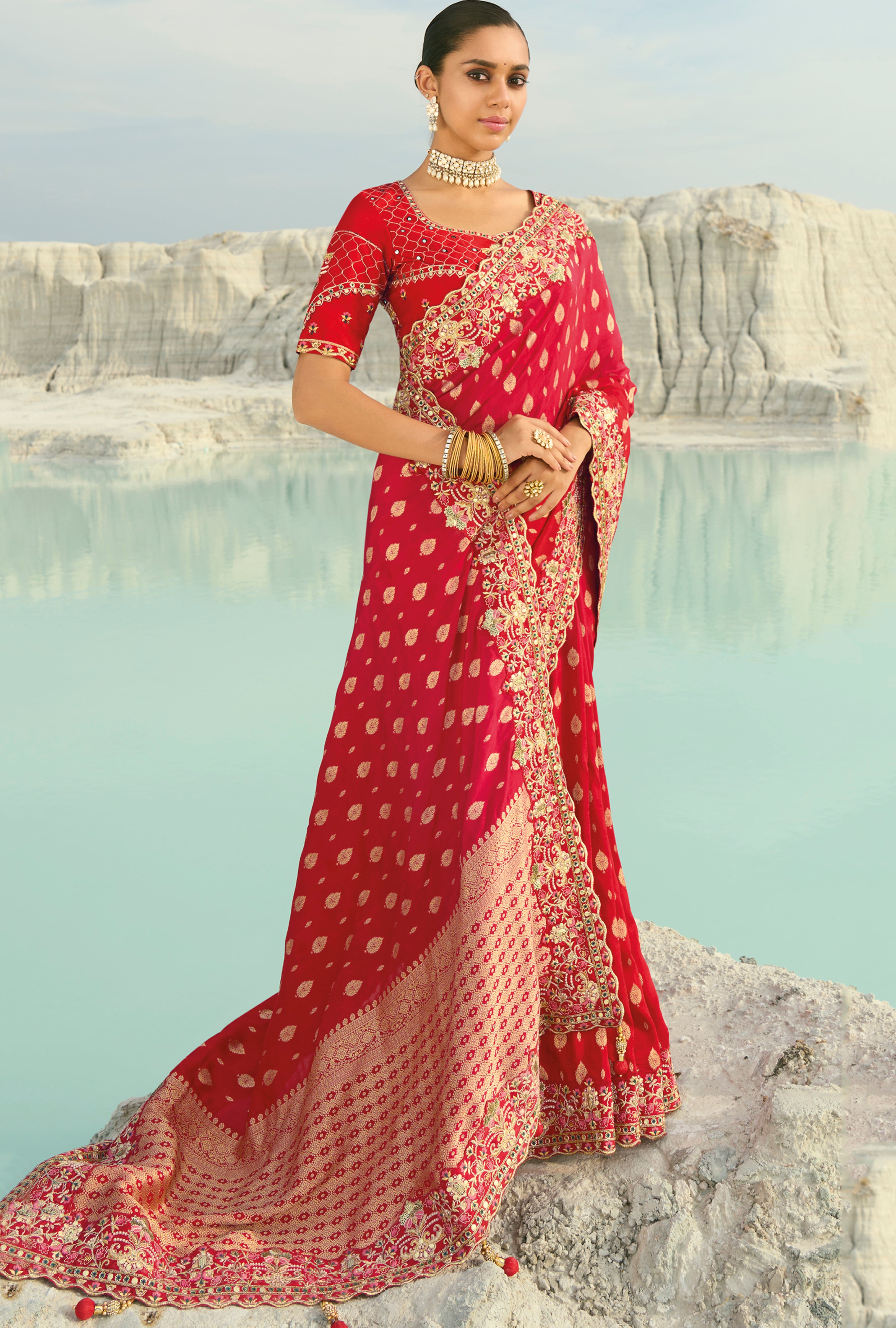 Red Saree With  Jari, Thread, Moti With Cut-Dana Heavy Work
