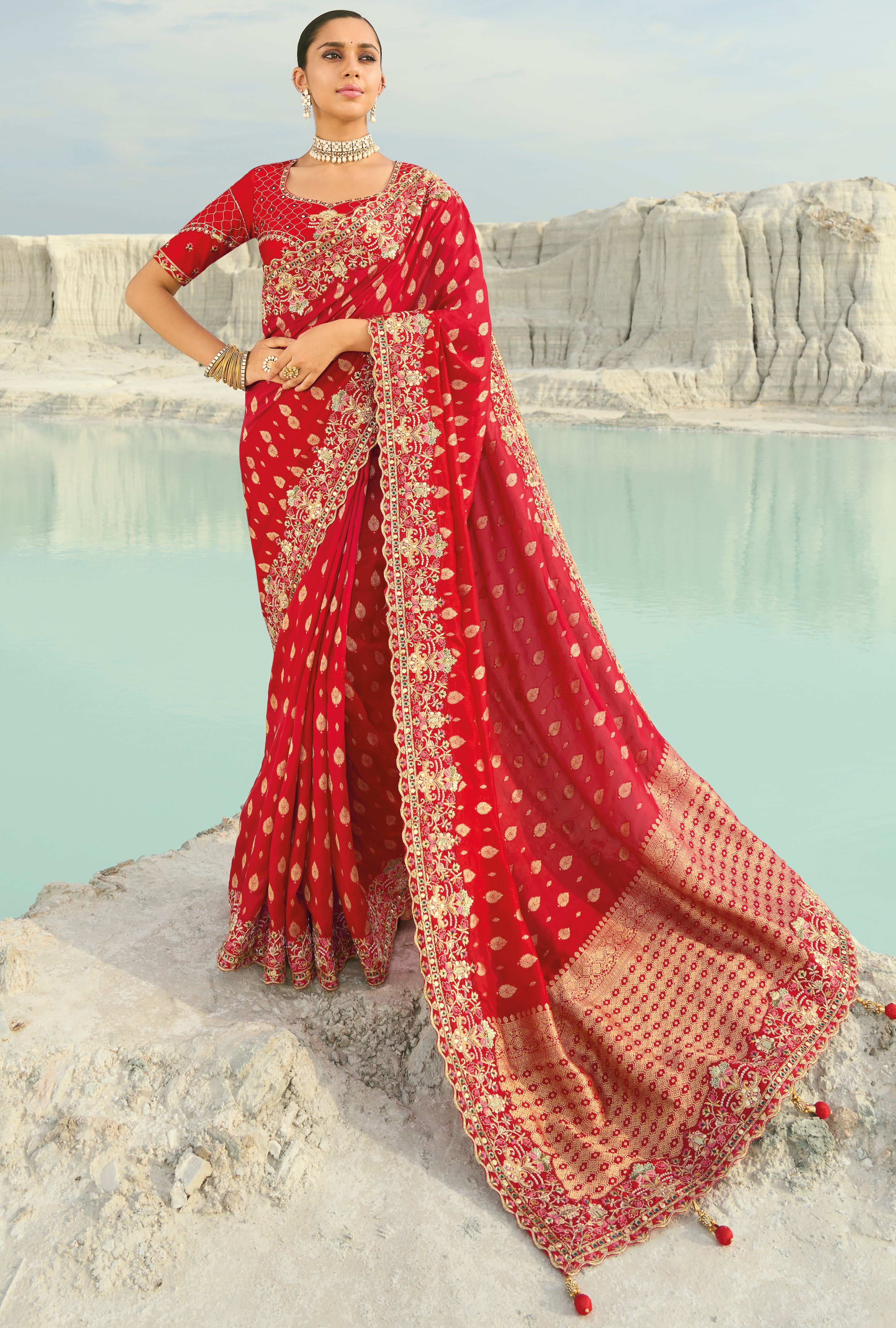 Red Saree With  Jari, Thread, Moti With Cut-Dana Heavy Work