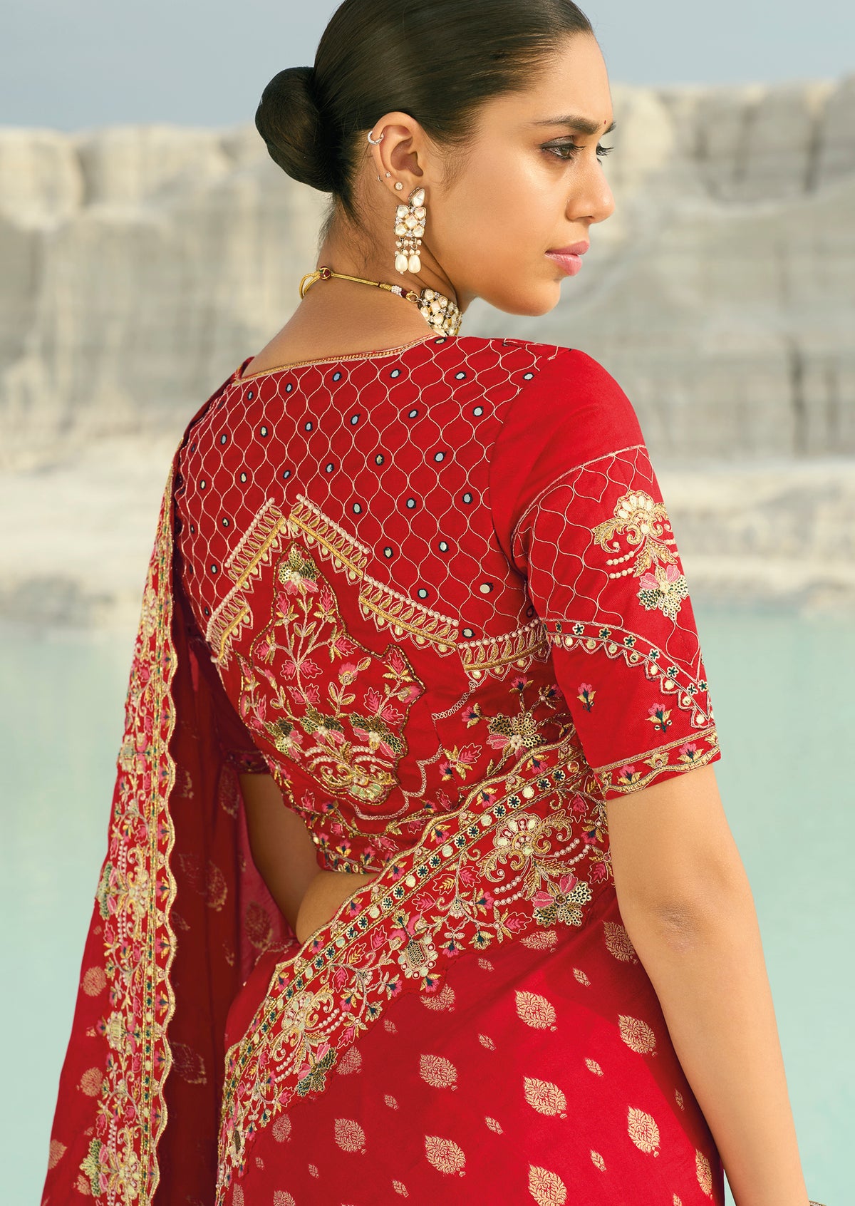 Red Saree With  Jari, Thread, Moti With Cut-Dana Heavy Work