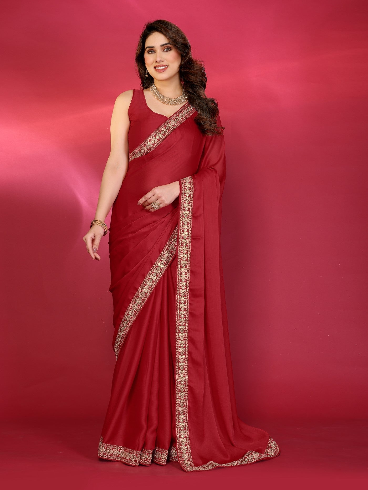 Red Satin Chiffon Saree With Plain Saree With Embroidery Work Lace