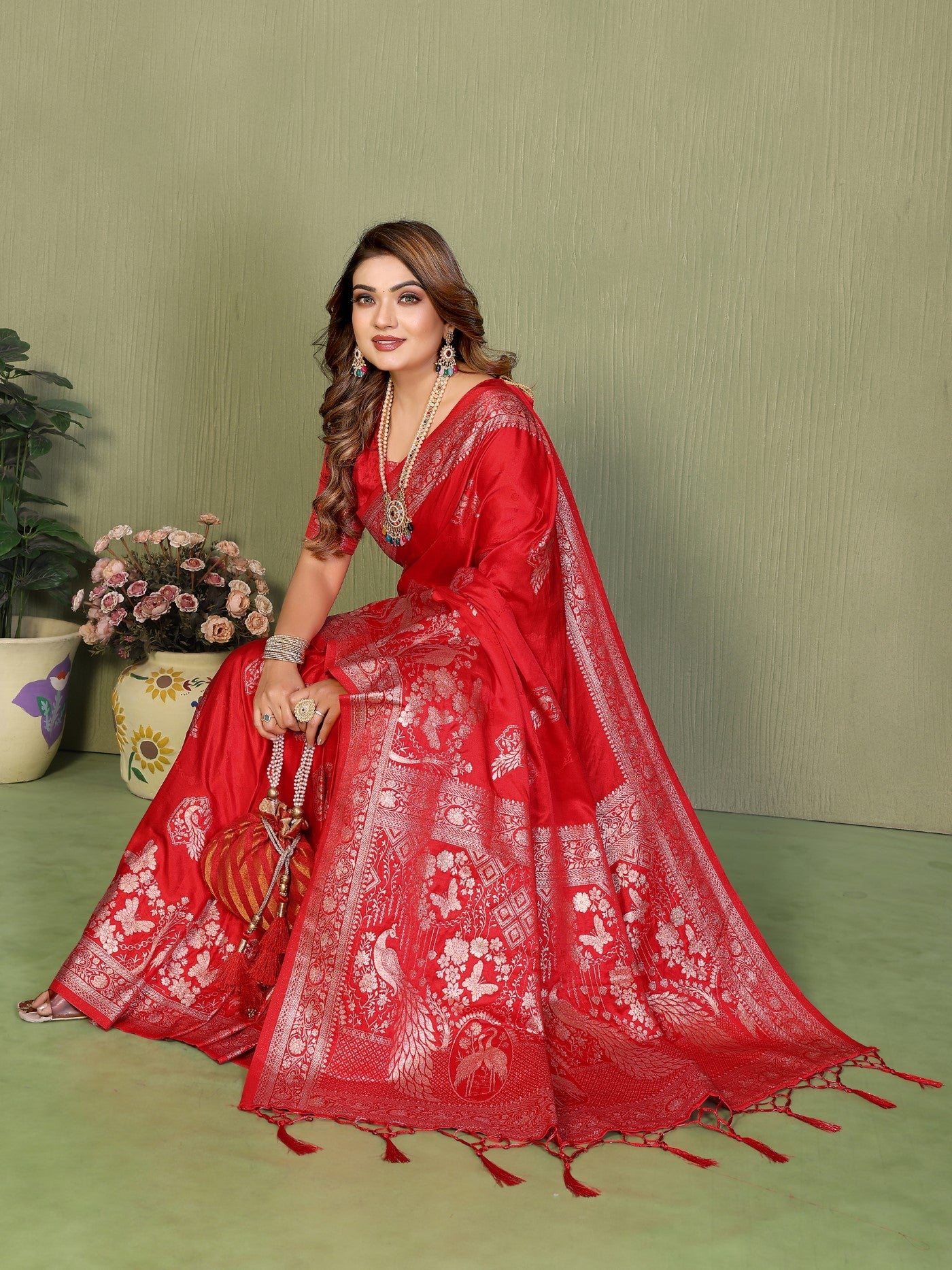 Red Satin Silk Saree With Classic Zari Weaving Butta