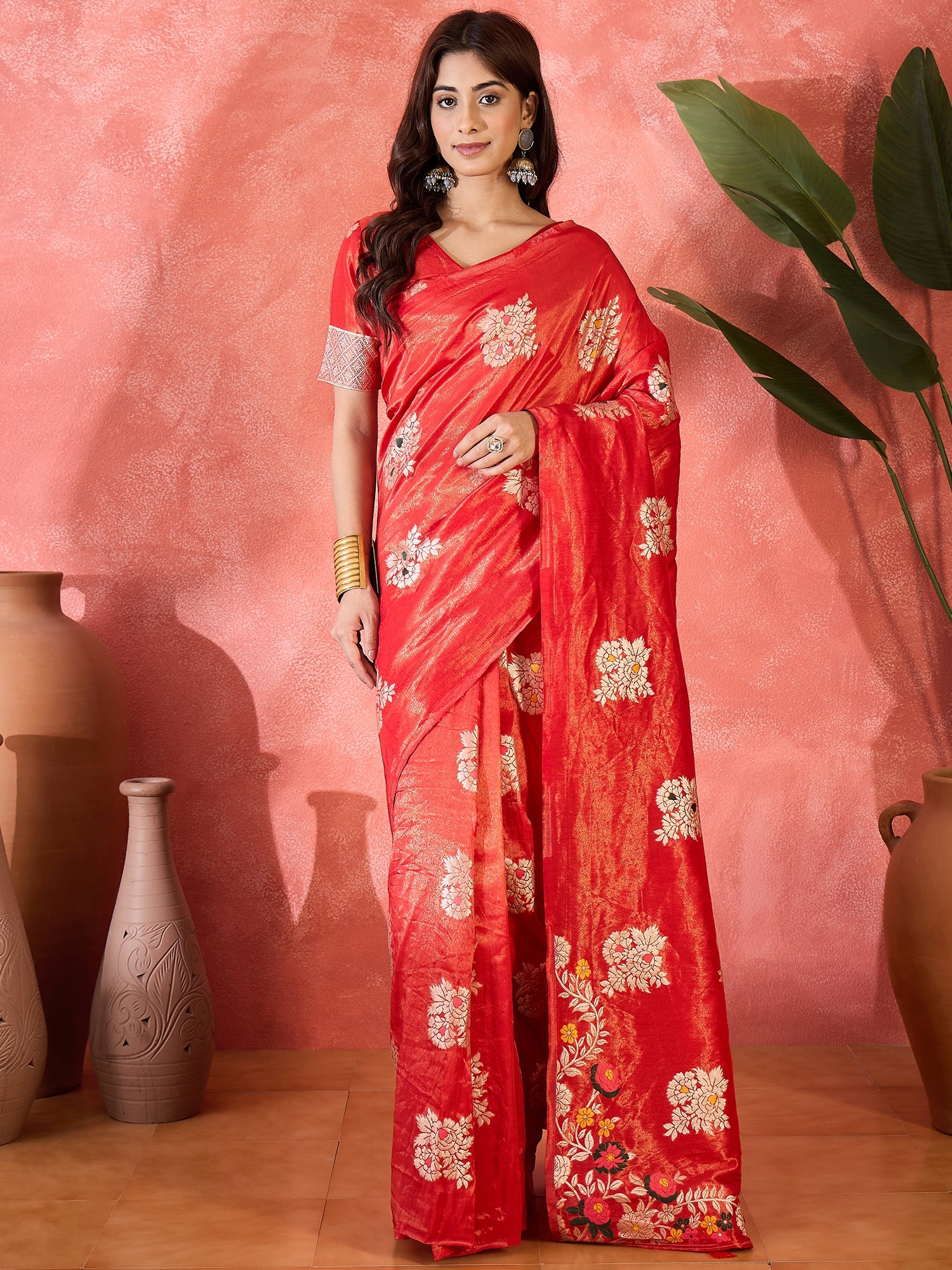 Red Shimmer Silk Woven Jacquard Designer Traditional Partywear Saree