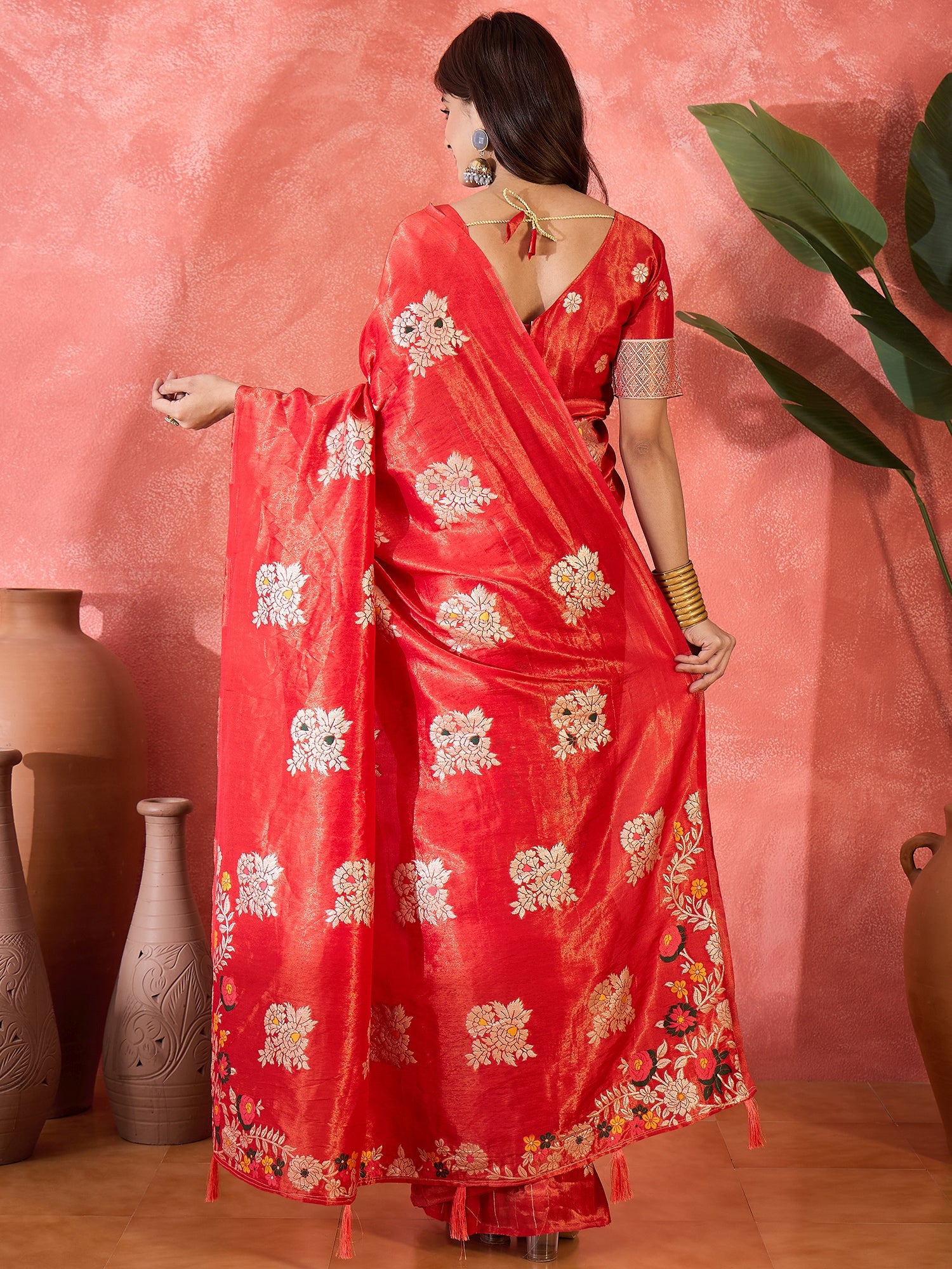 Red Shimmer Silk Woven Jacquard Designer Traditional Partywear Saree