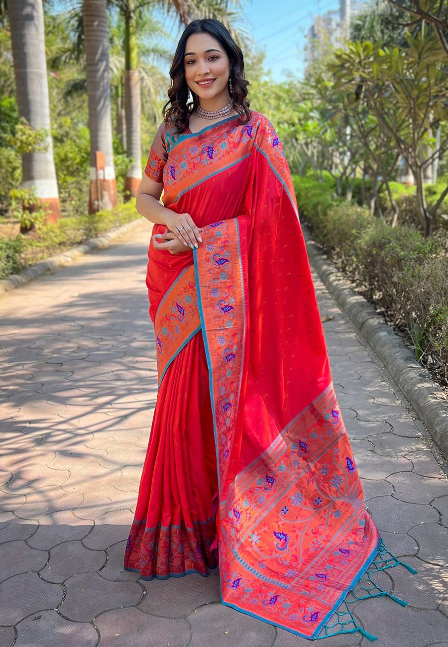 Red Silk Blend Paithani Saree