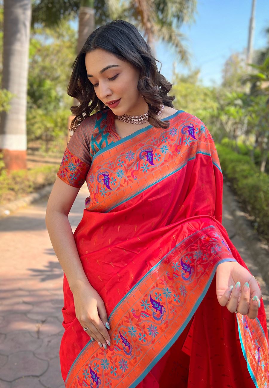 Red Silk Blend Paithani Saree