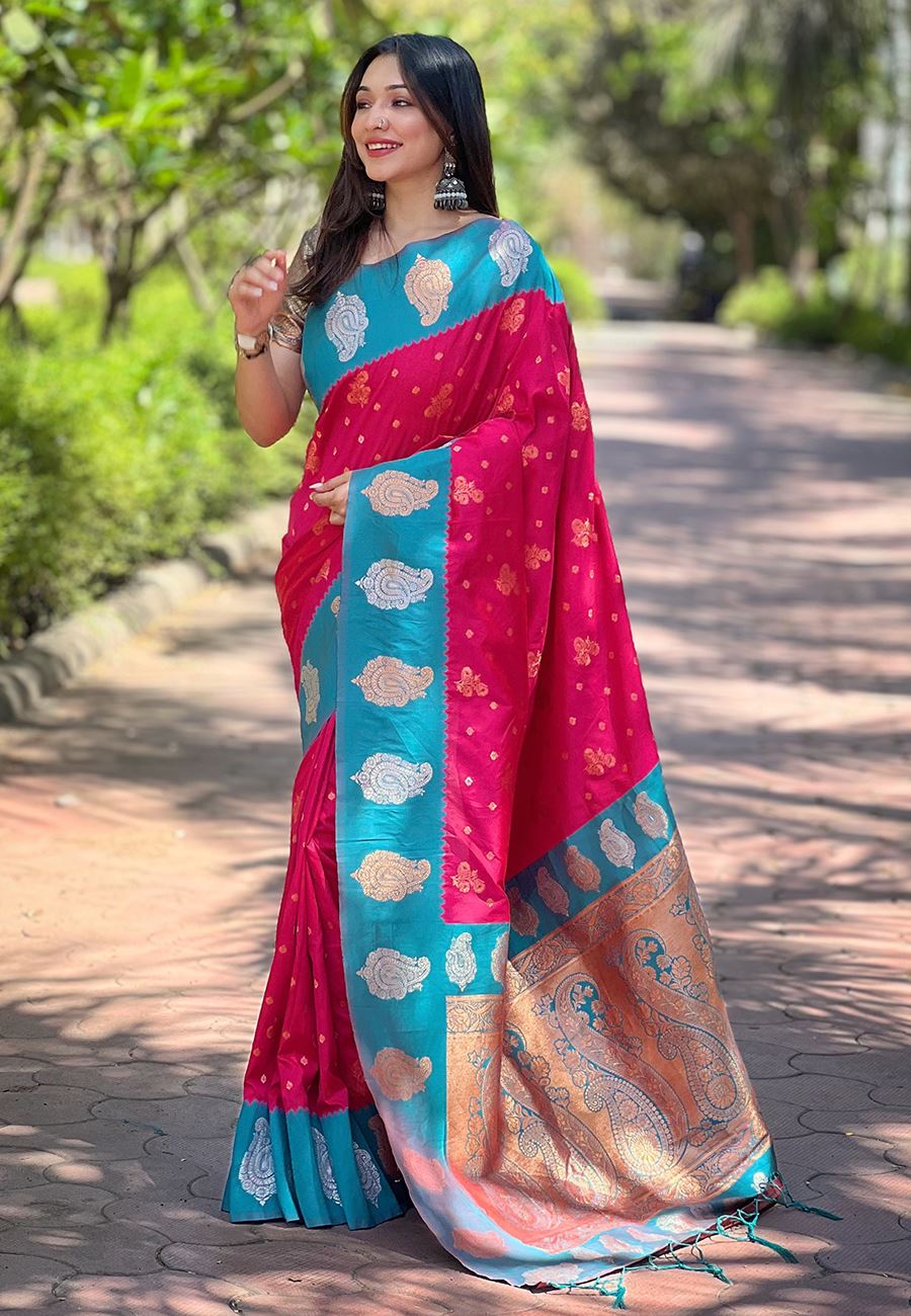 Red Silk Blend Saree With Floral Border Zari Woven Work