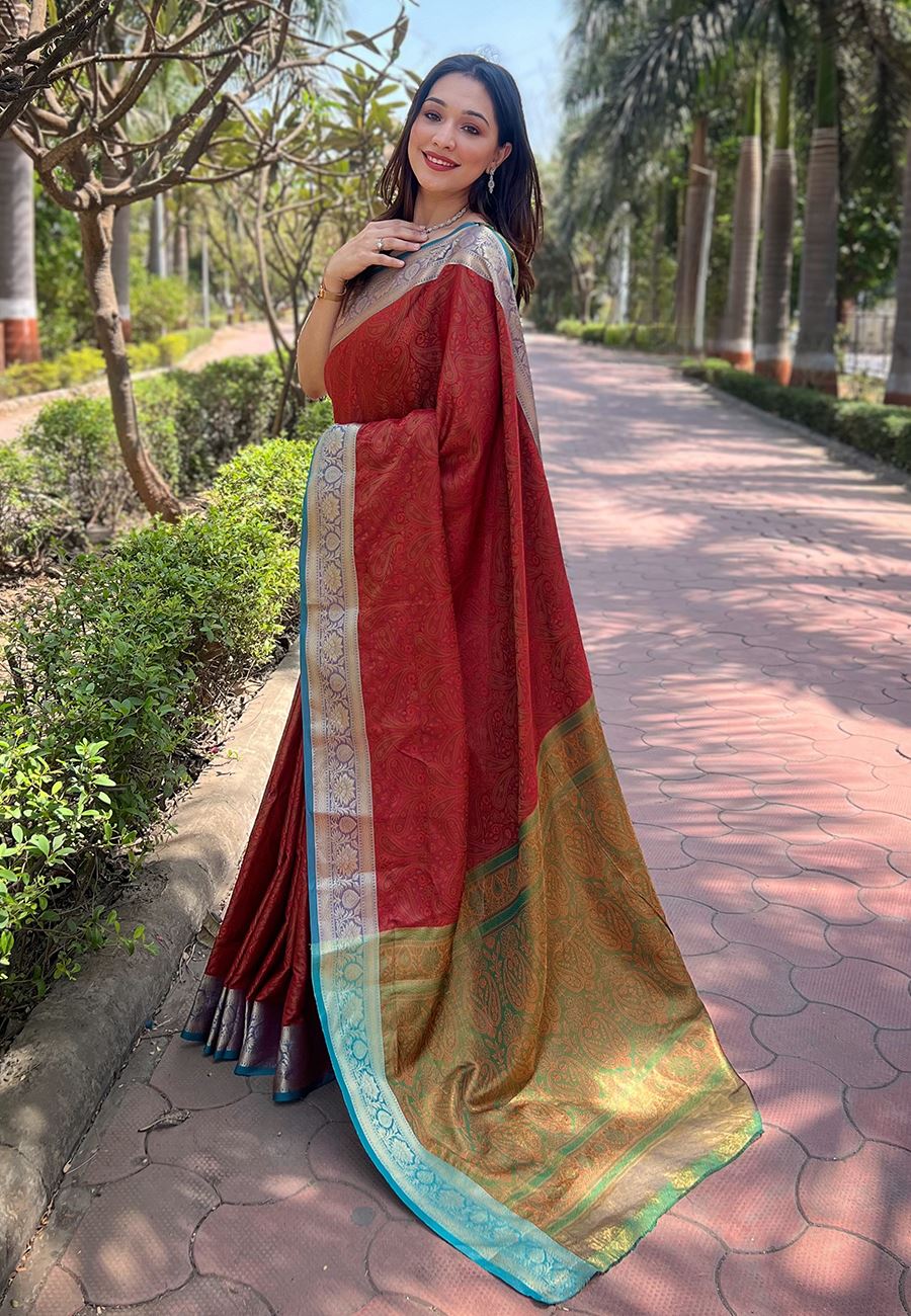 Red Silk Blend Saree With Zari and Woven Work