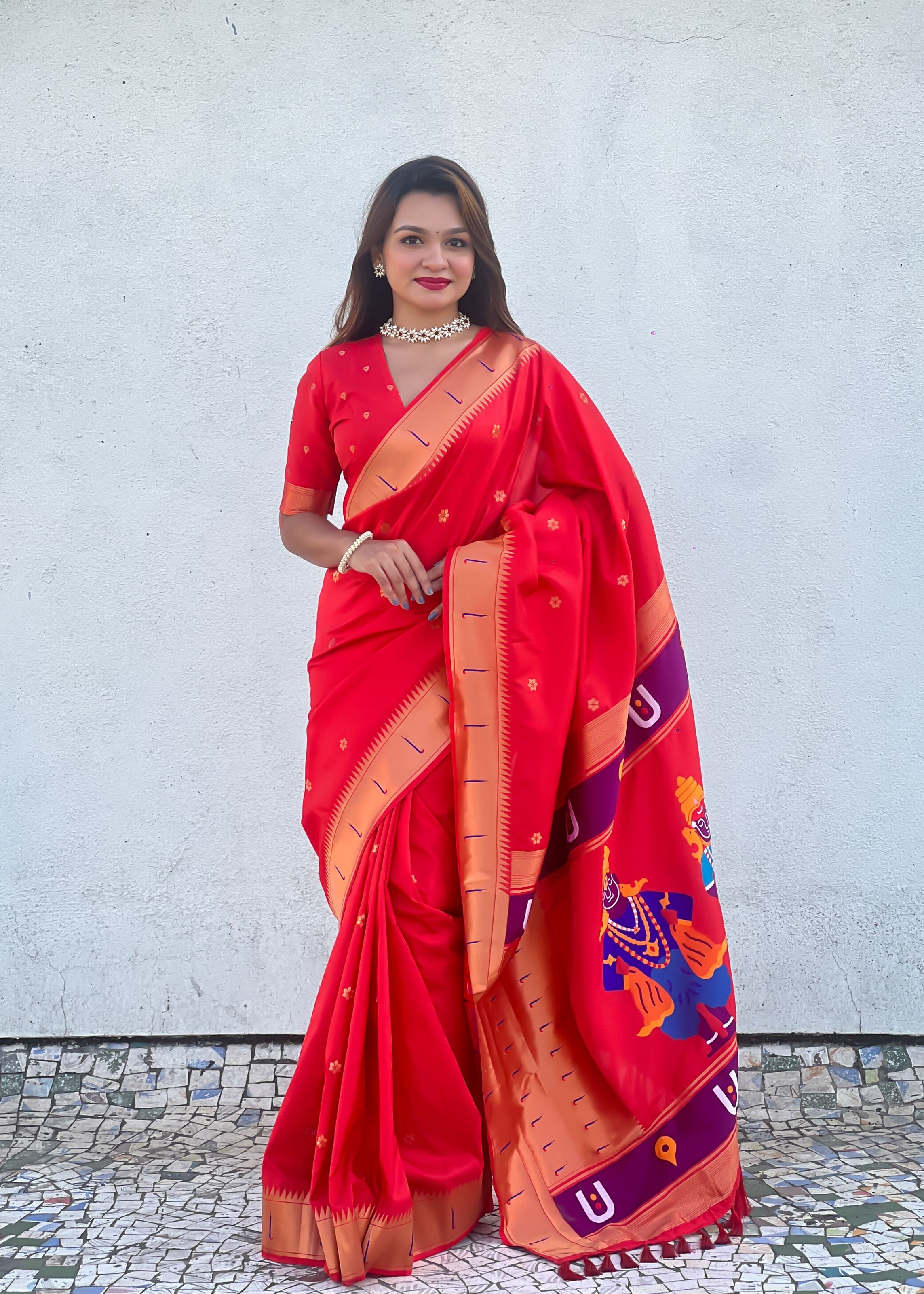 Red Silk Blend Vitthala God Paithani Silk Saree