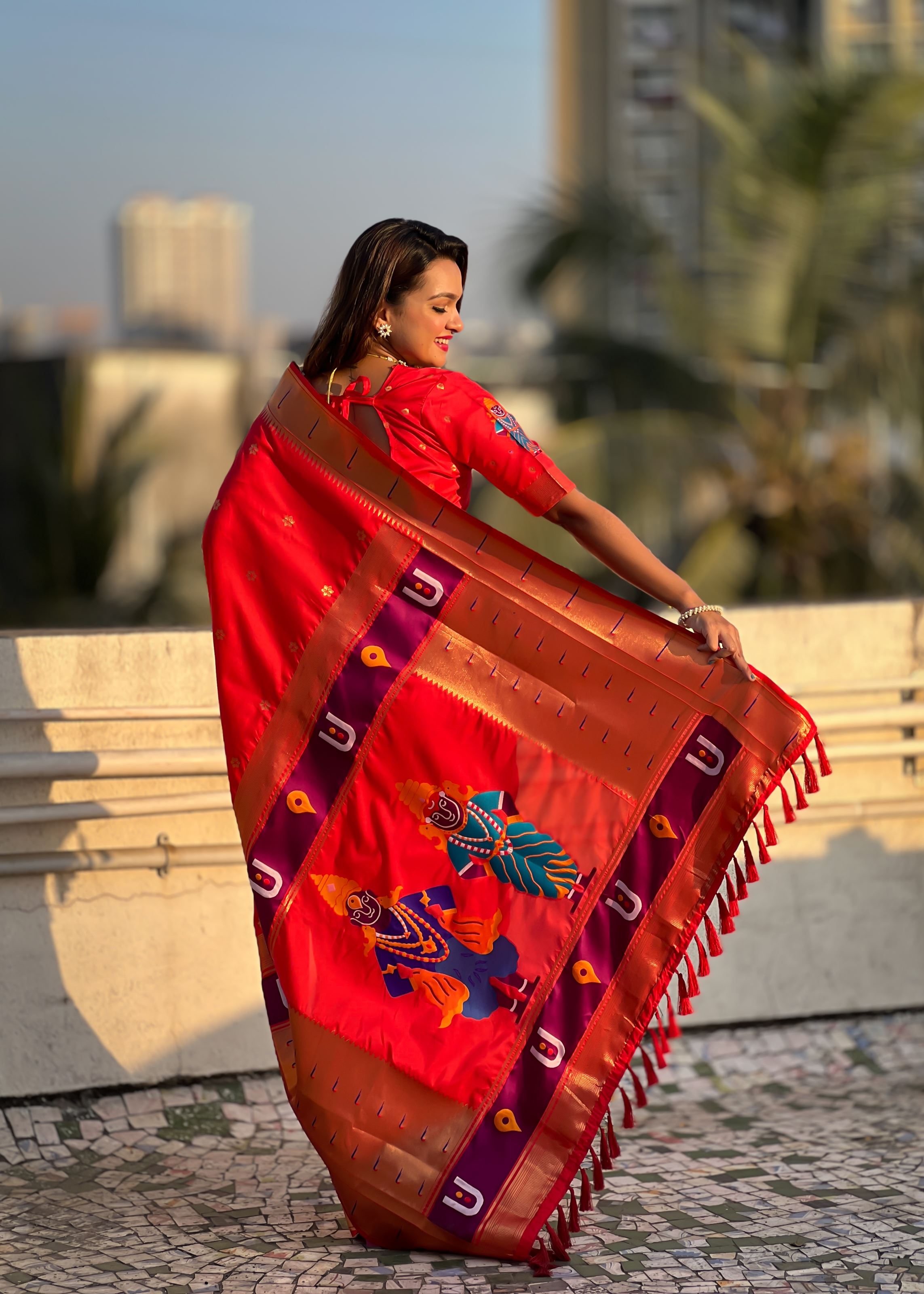Red Silk Blend Vitthala God Paithani Silk Saree