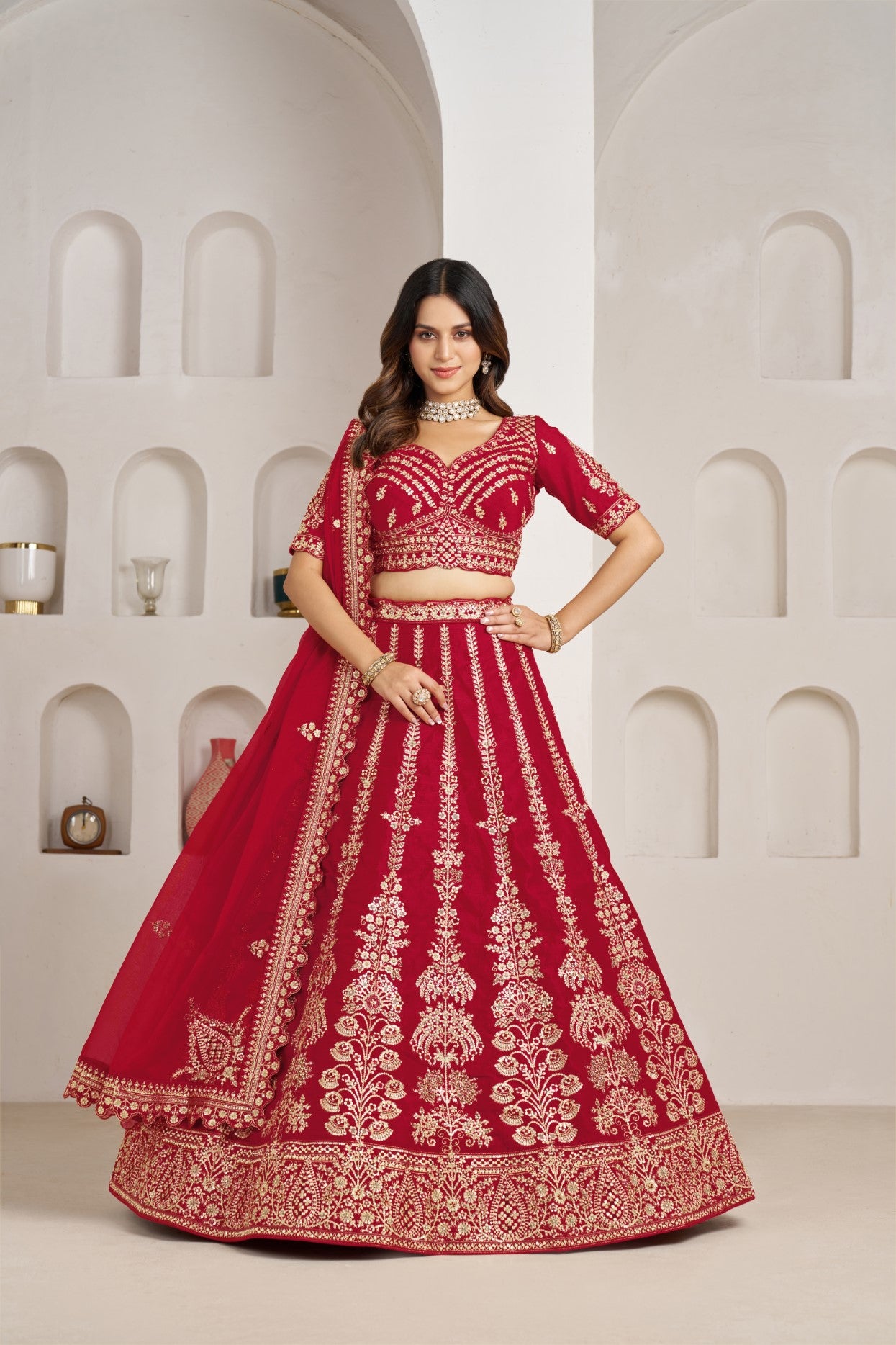 Red Silk Floral Zari Embroidered Wedding Lehenga Choli