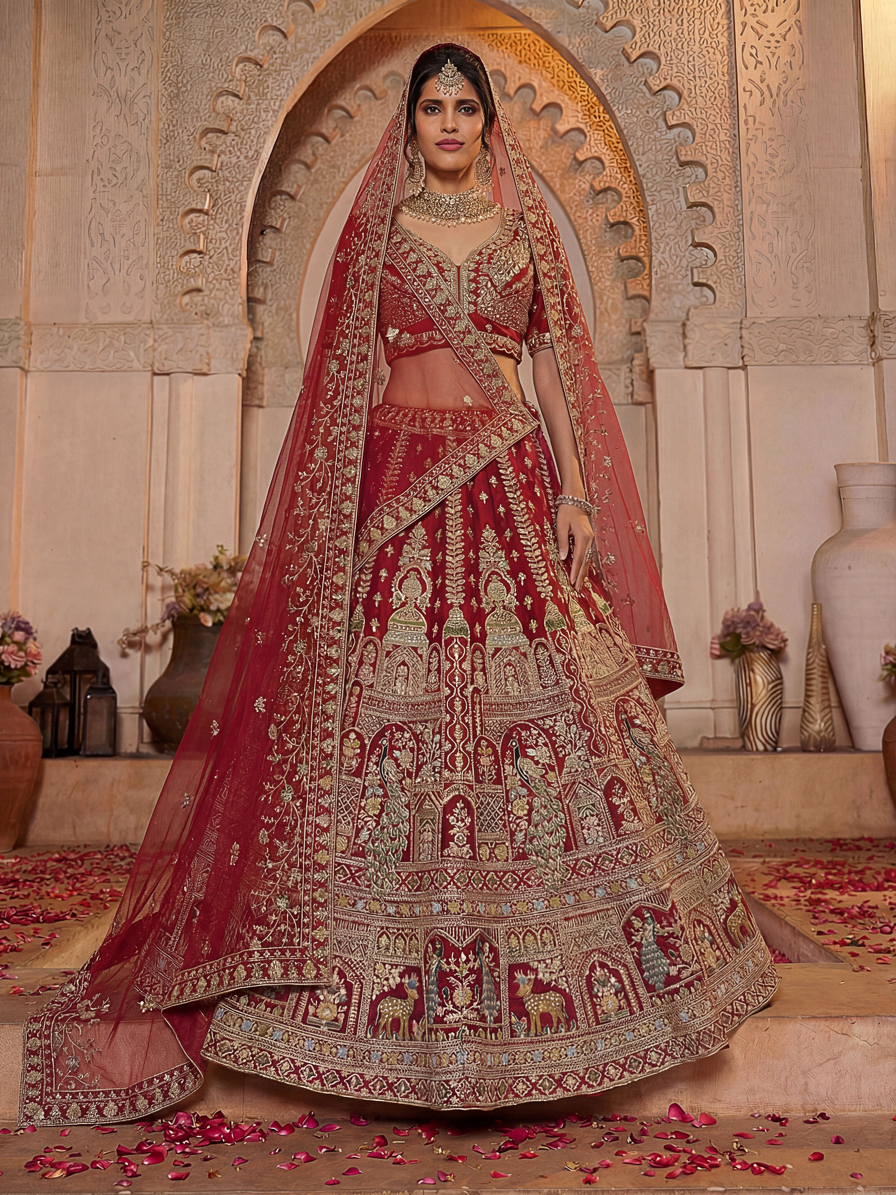 Red Silk Lehenga Choli With Fancy Embroidered, Dori Embroidered, Multi Thread work, Sequinned With Diamond studded