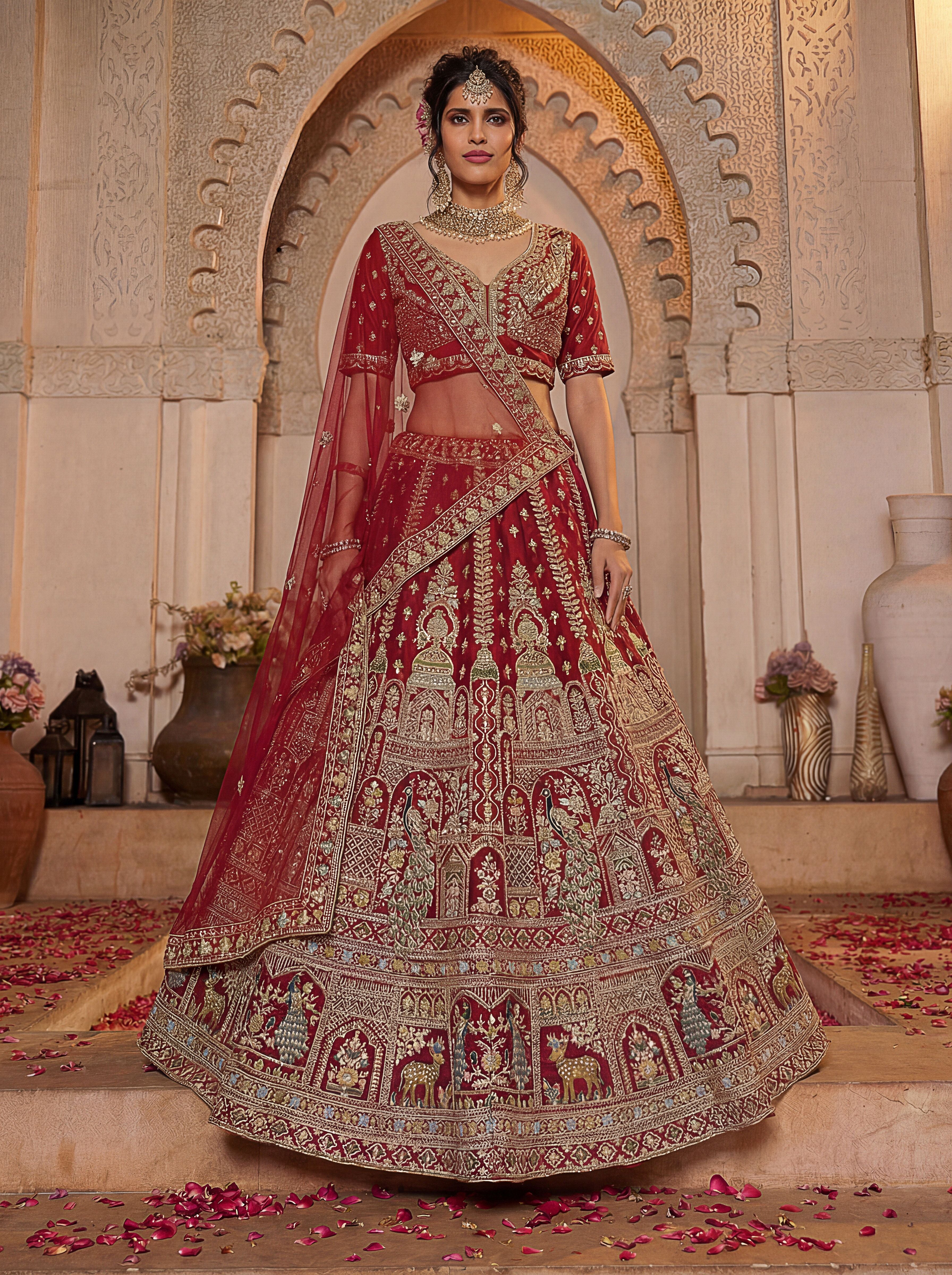 Red Silk Lehenga Choli With Fancy Embroidered, Dori Embroidered, Multi Thread work, Sequinned With Diamond studded