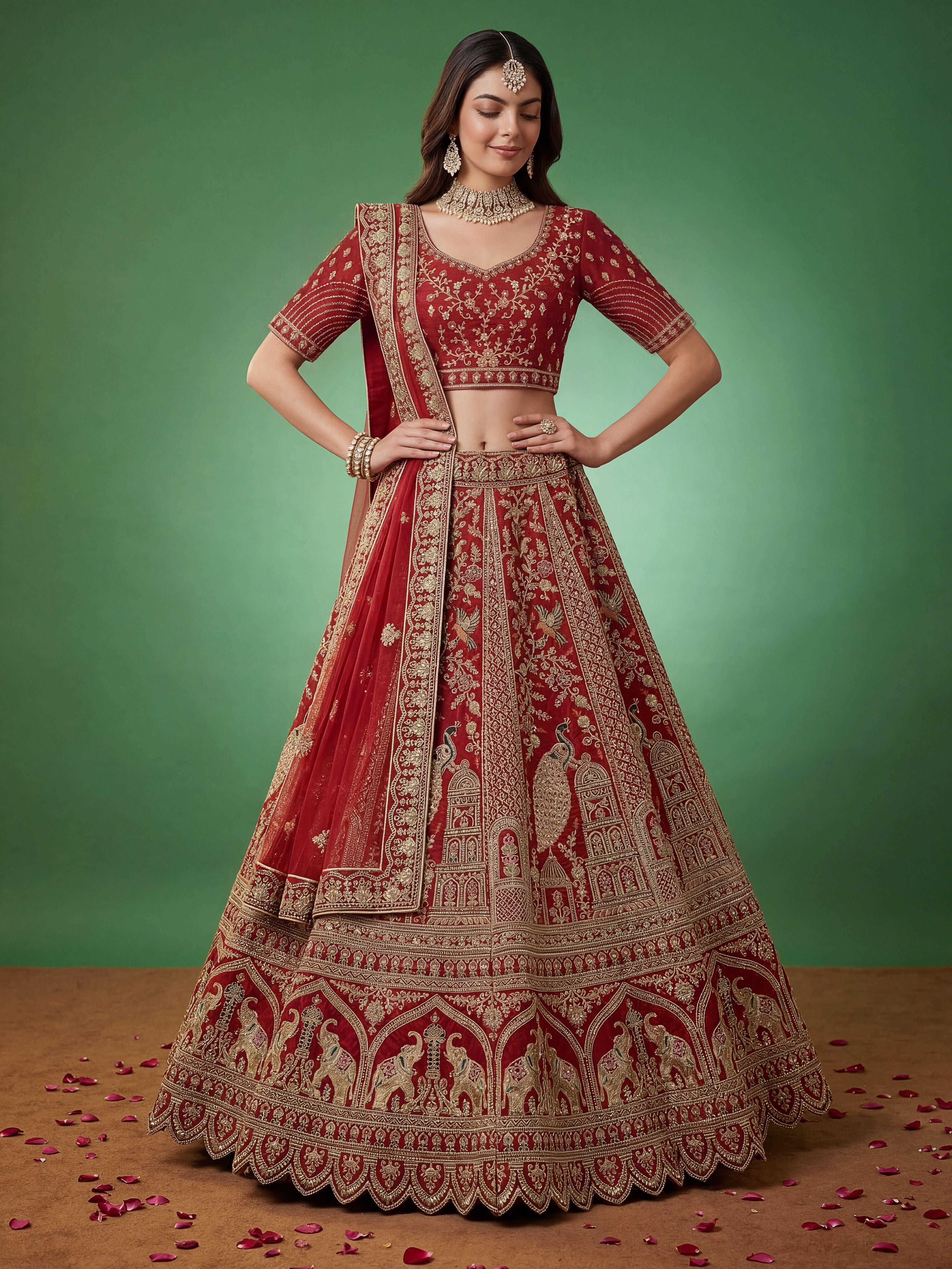 Red Silk Lehenga Choli With Fancy Embroidered, Dori Embroidered, Multi Thread work, Sequinned With Diamond studded