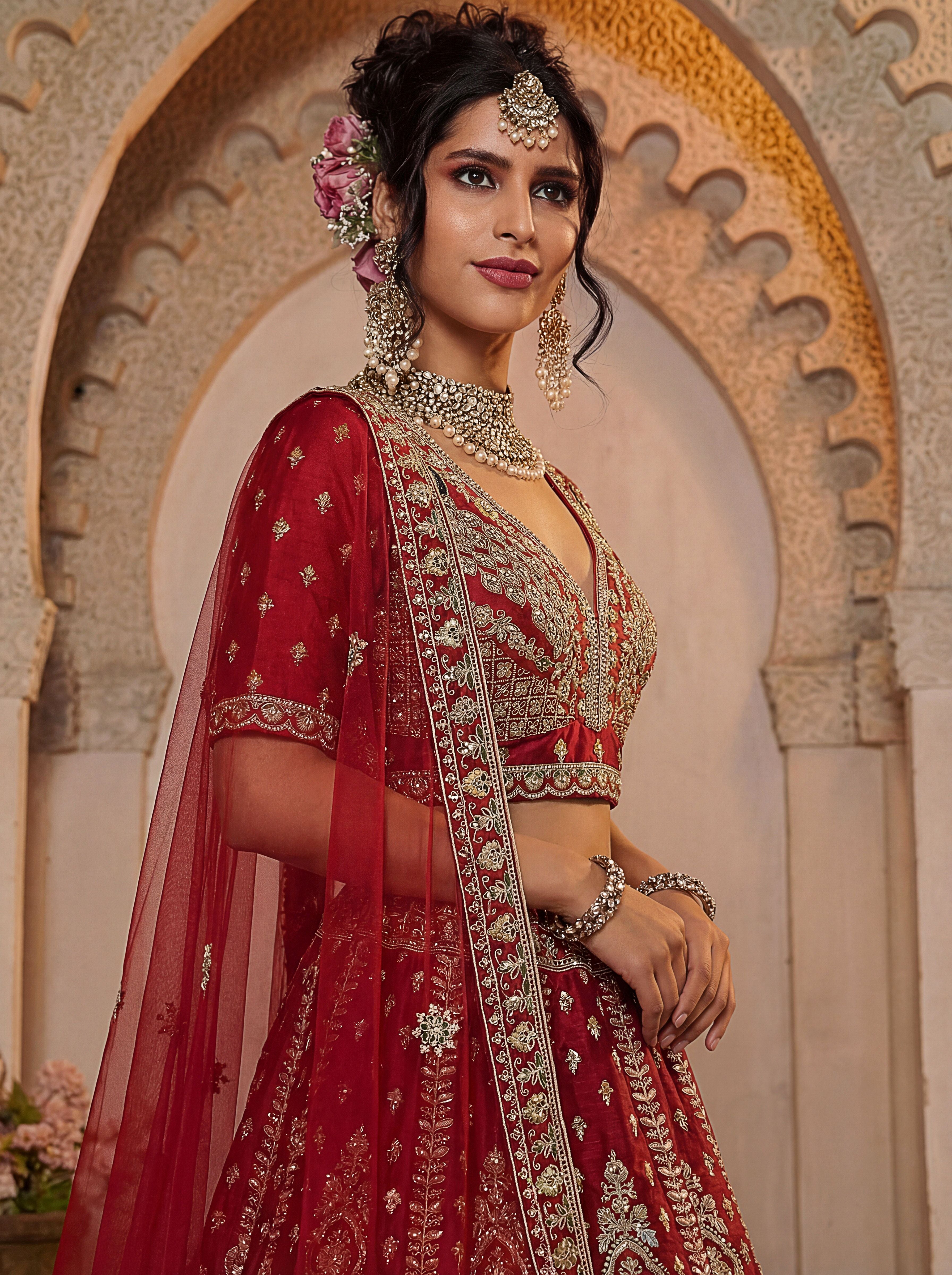 Red Silk Lehenga Choli With Fancy Embroidered, Dori Embroidered, Multi Thread work, Sequinned With Diamond studded