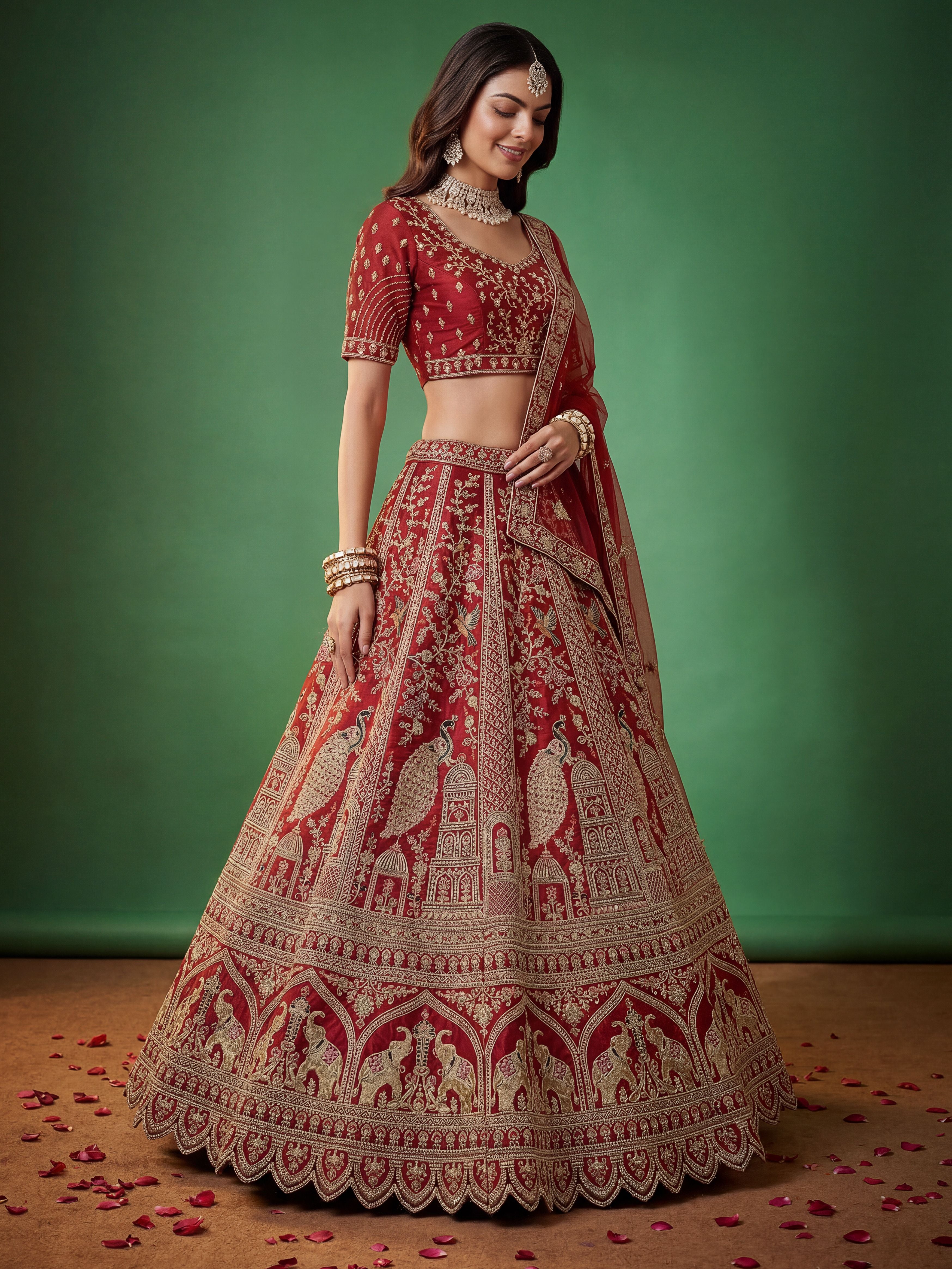 Red Silk Lehenga Choli With Fancy Embroidered, Dori Embroidered, Multi Thread work, Sequinned With Diamond studded