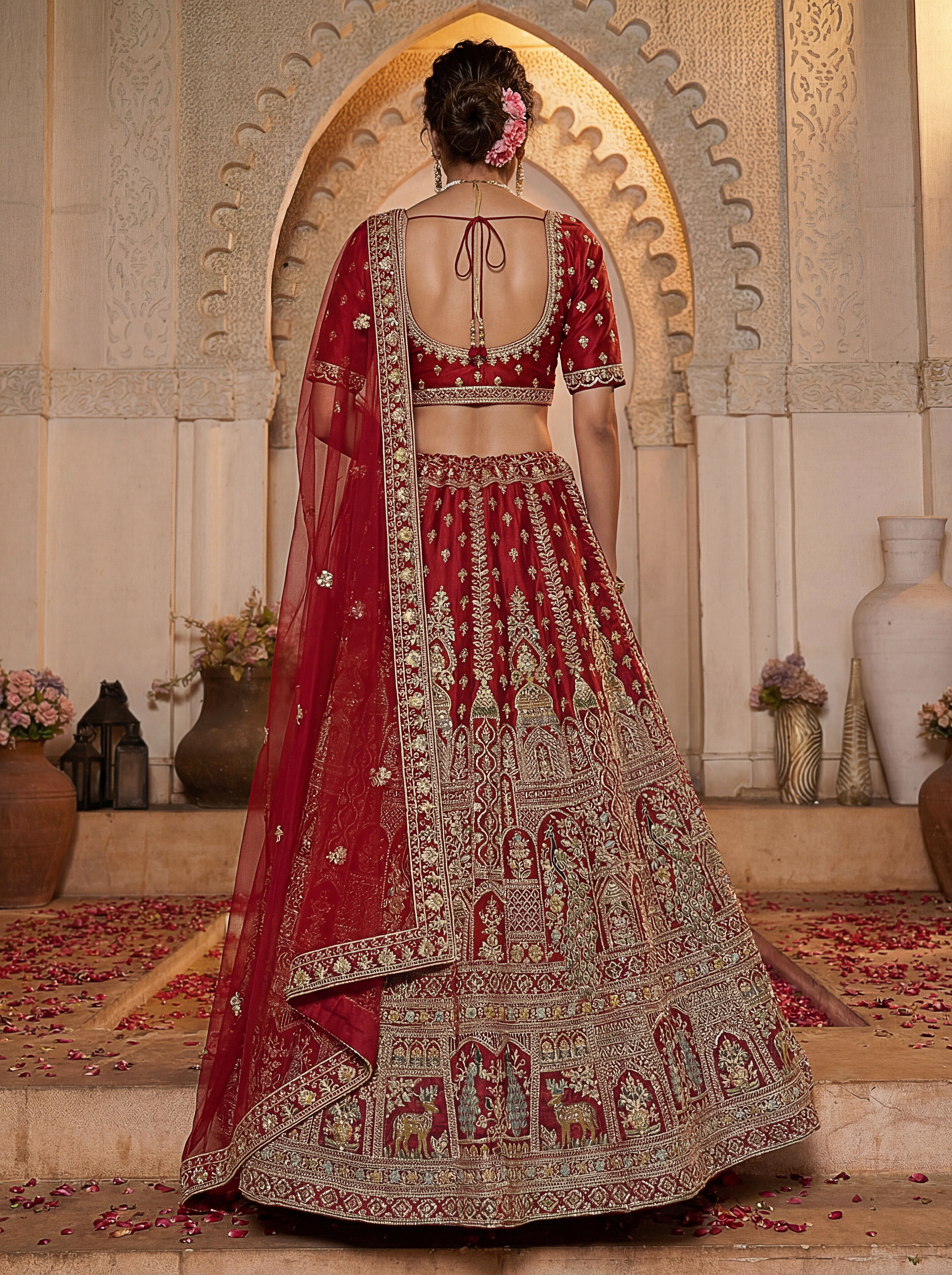 Red Silk Lehenga Choli With Fancy Embroidered, Dori Embroidered, Multi Thread work, Sequinned With Diamond studded