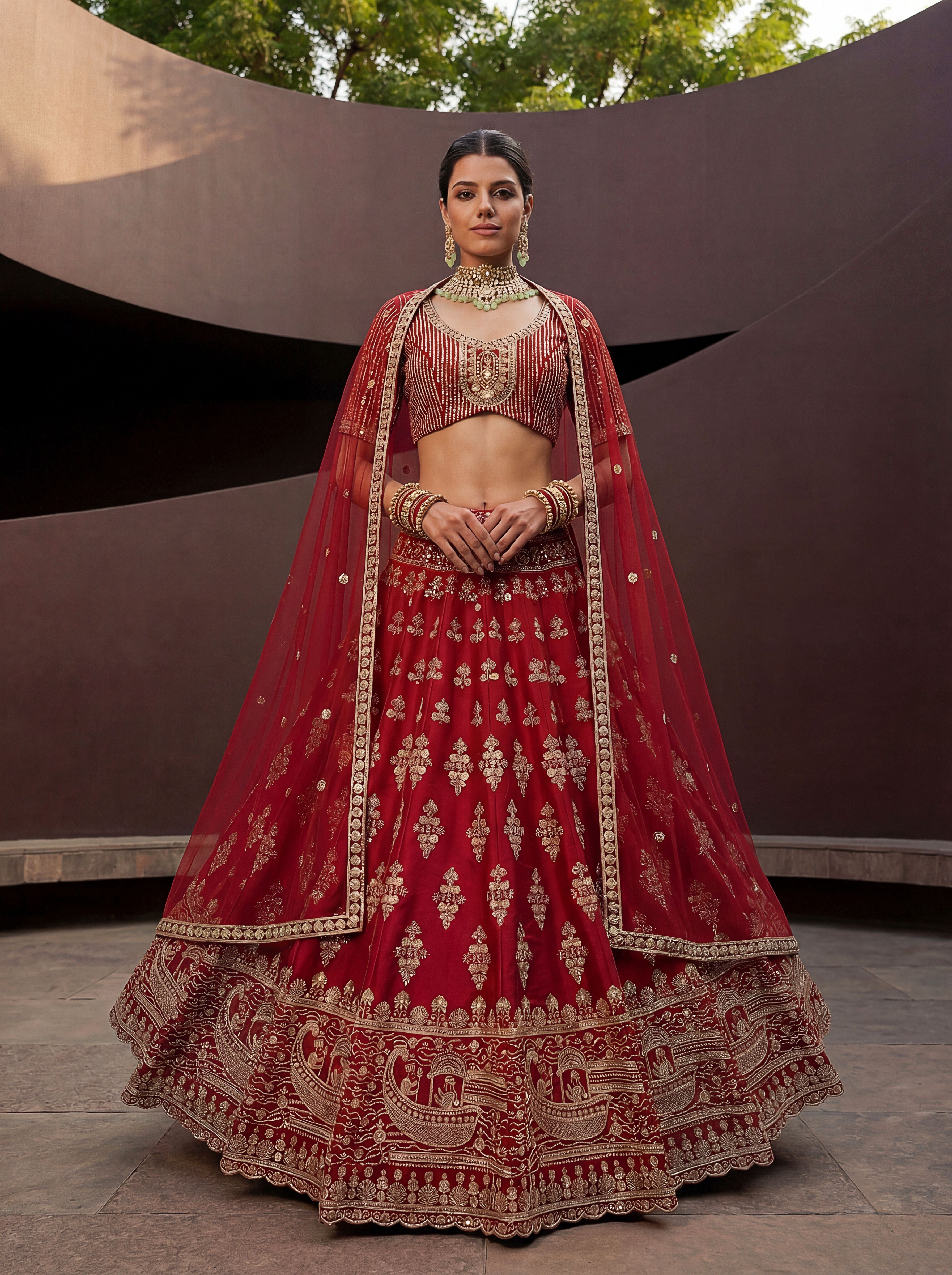 Red Silk Lehenga Choli With Hand Work With Jari Embroidery And Pipe Work