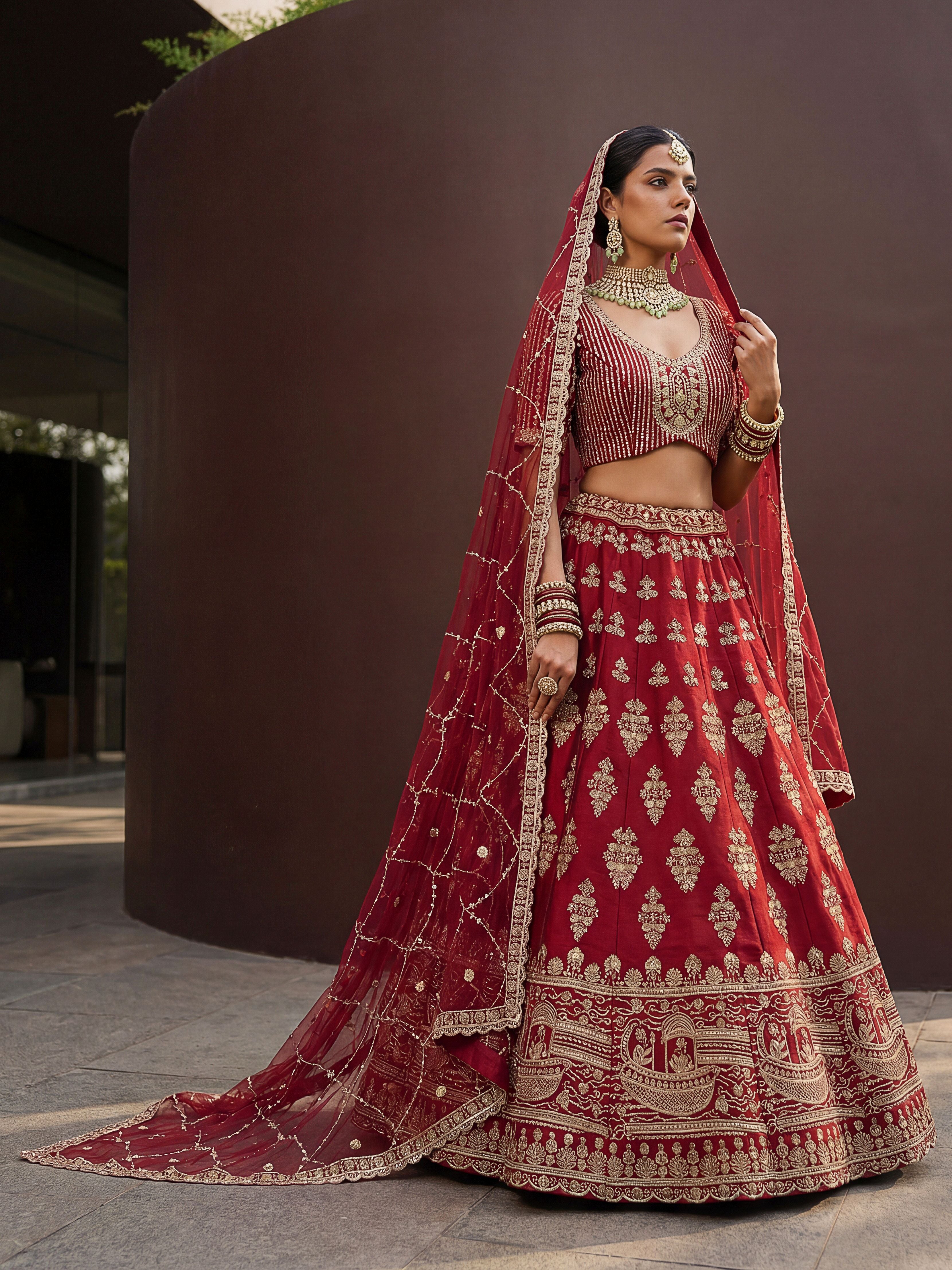 Red Silk Lehenga Choli With Hand Work With Jari Embroidery And Pipe Work