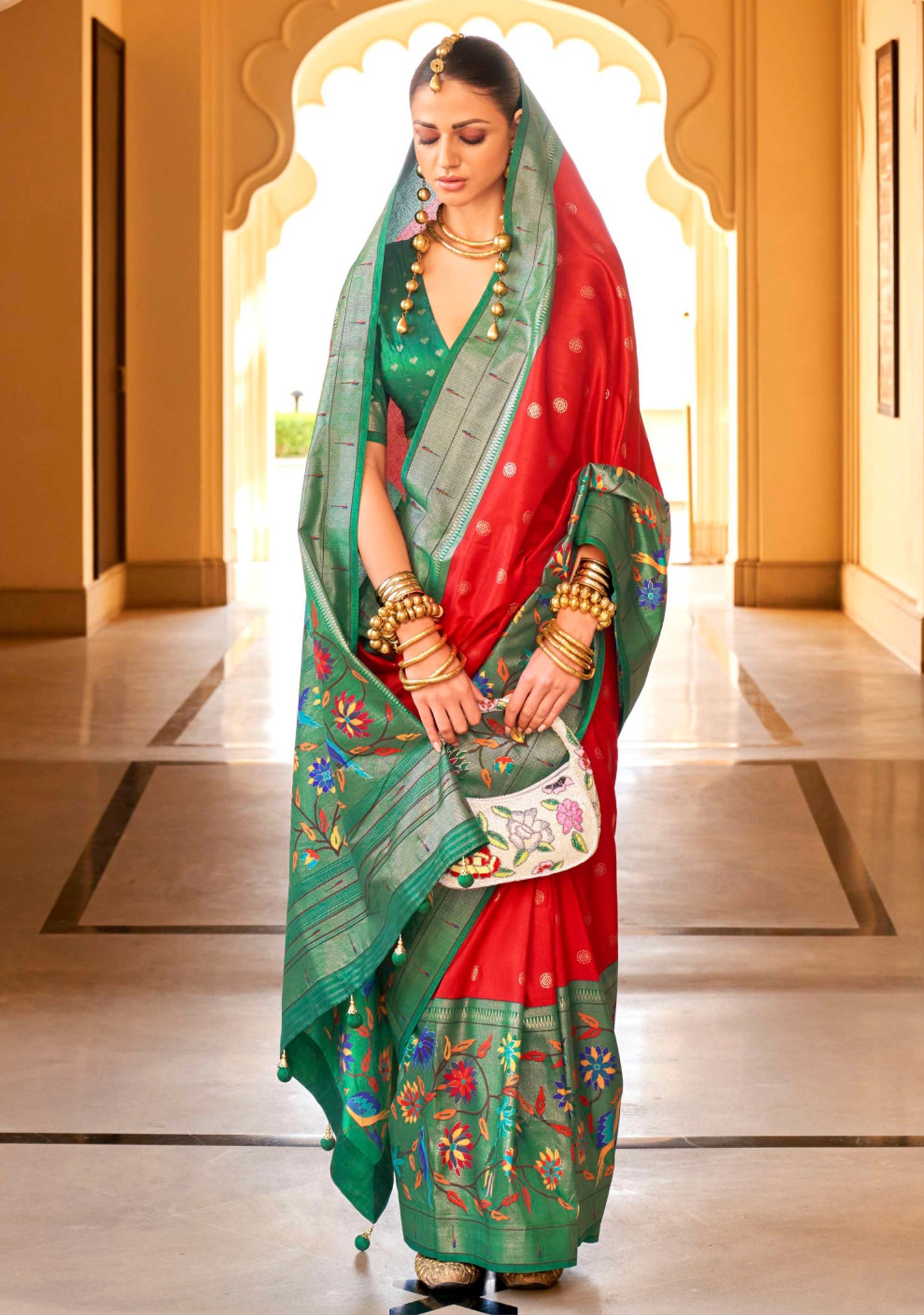 Red Silk Saree With  Jacquard Woven Work