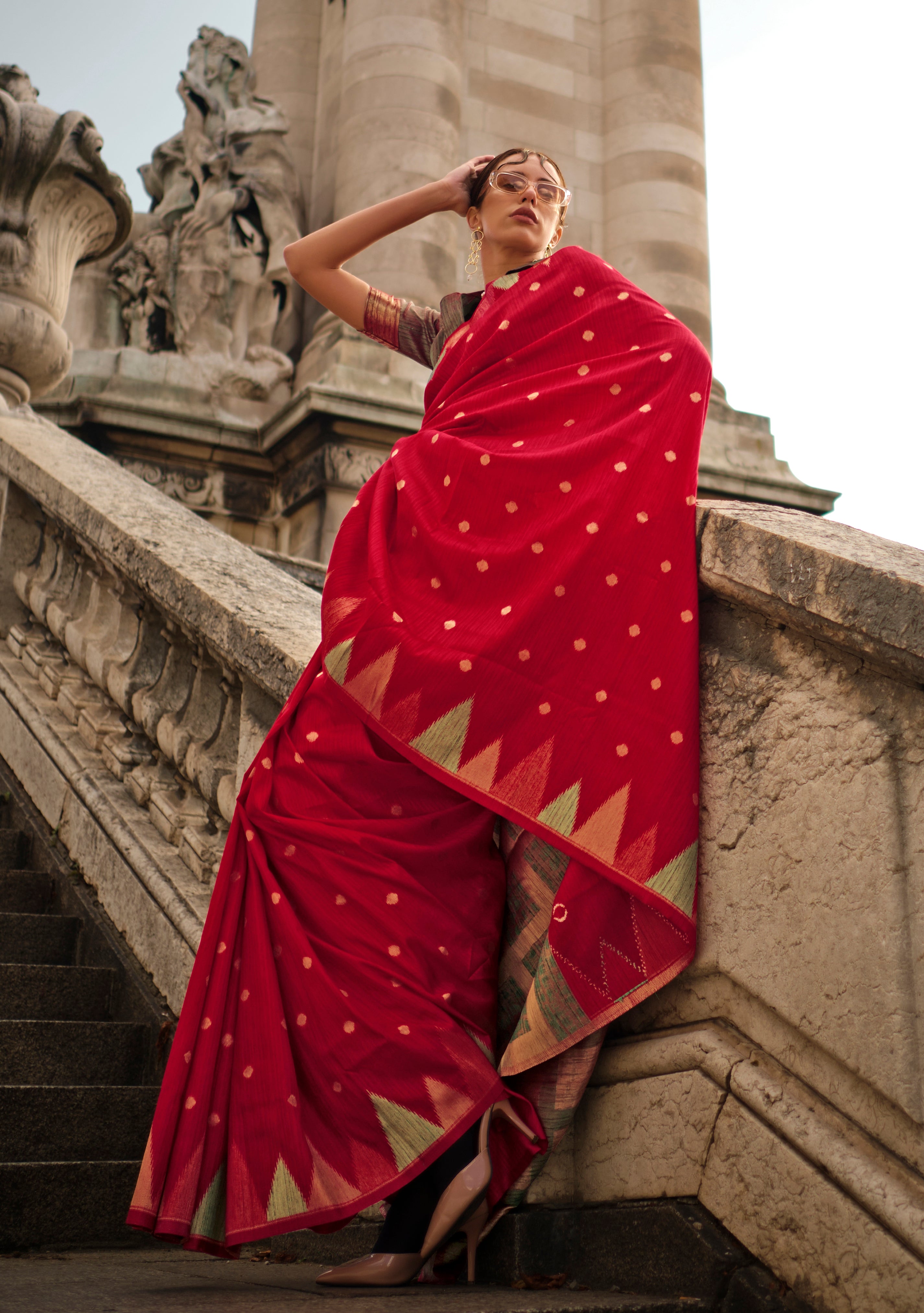 Red Silk Saree With Jacquard Woven
