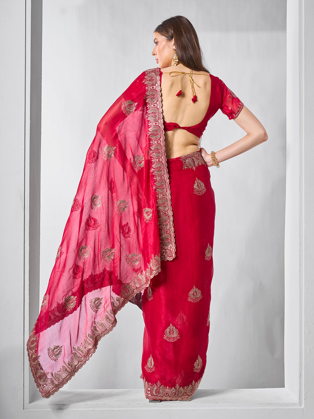 Red Sitara Chiffon Fabric Designer Embroidery Work Ceremonial Partywear Saree