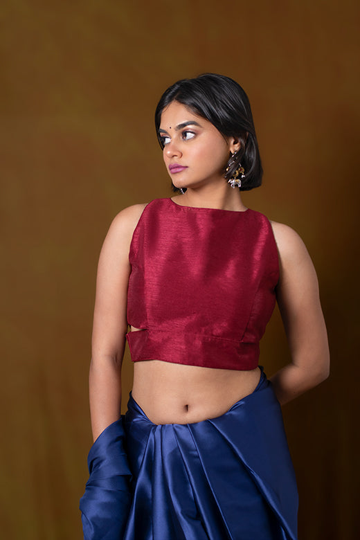 Red Sleeveless Blouse in Art Silk with Cut Out Back