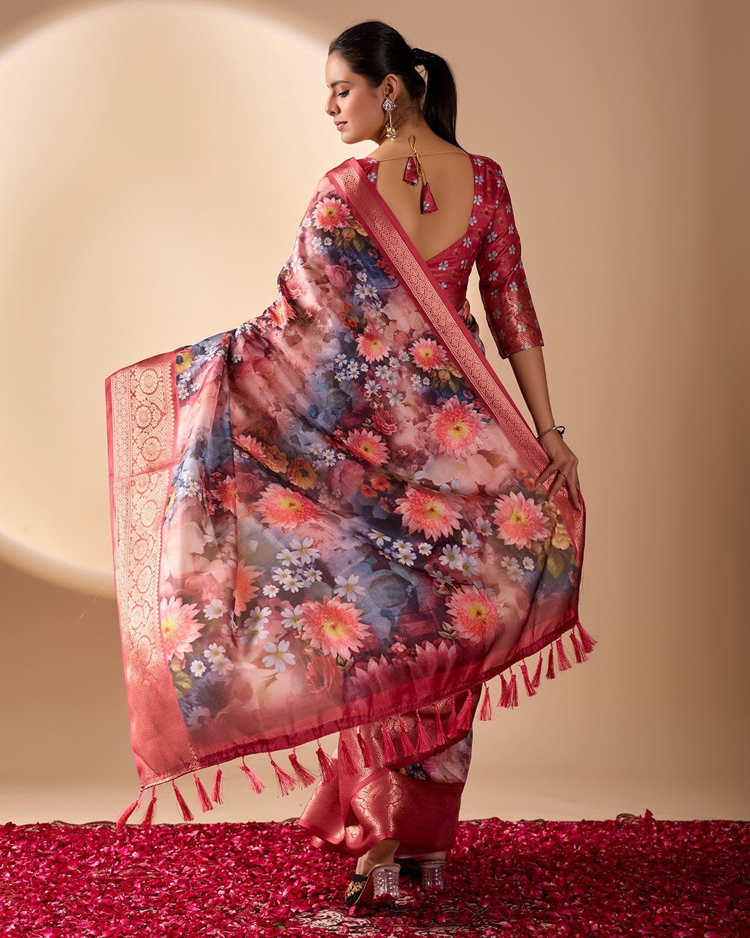 Red Soft Lichi Silk Saree With Digital Printed Festive Premium Saree